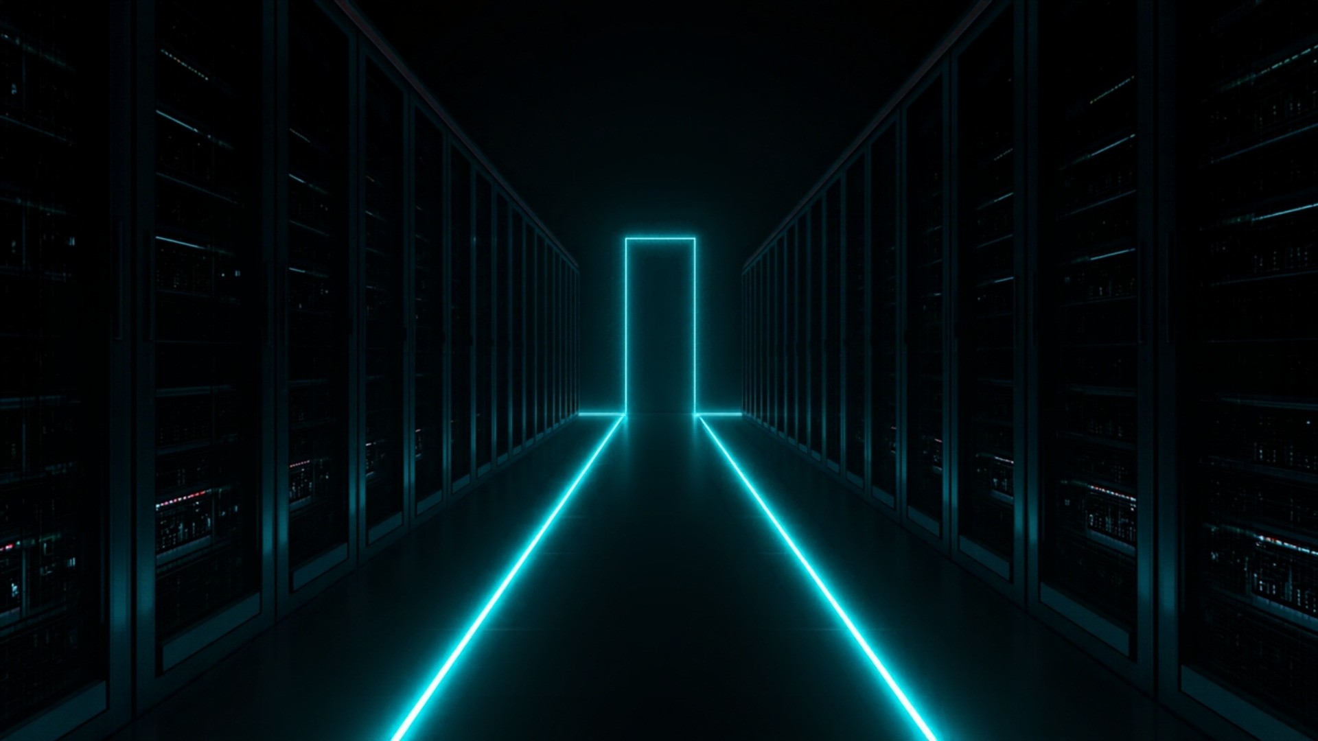 Dark server racks divided by two separate glowing teal light paths that never meet across the aisle