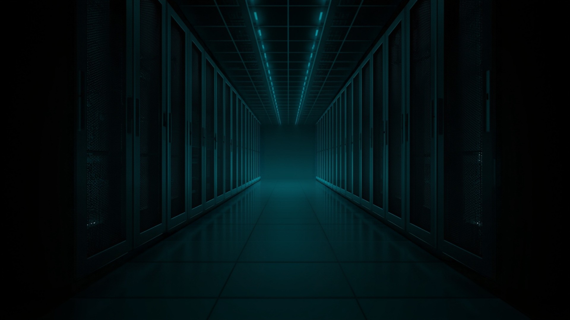 Dark data center aisle with faint glowing paths tracing repeated routes between server racks