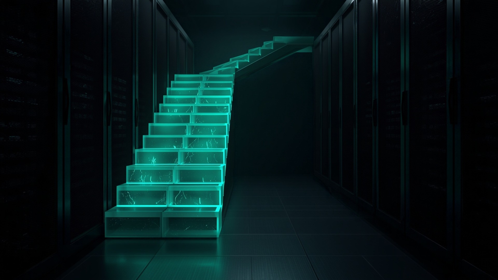 Glowing teal storage blocks rising in a staircase pattern through a dark data center aisle of server racks