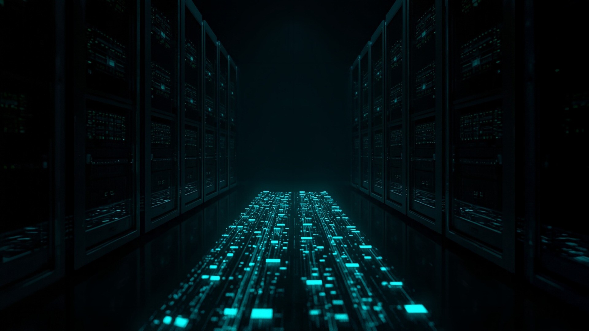 Dark data center racks with streams of glowing blocks, some shrinking sharply and others passing through unchanged