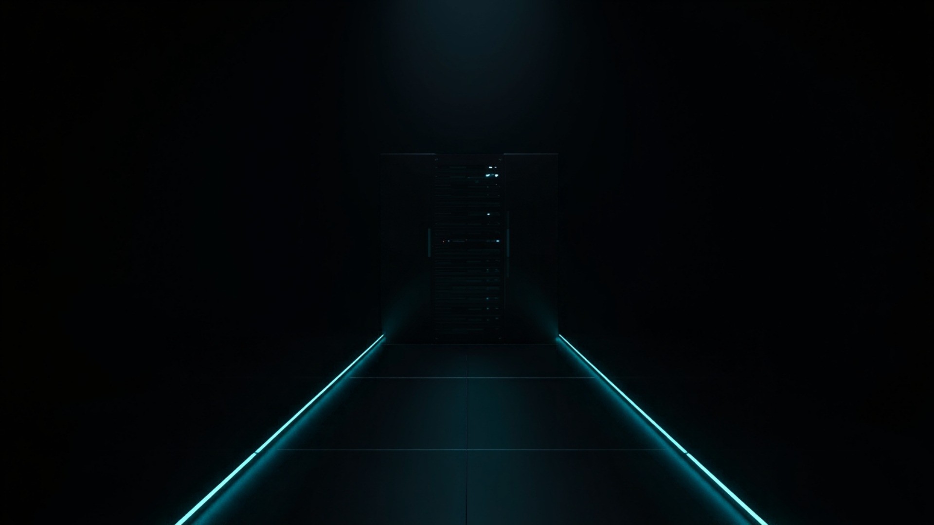 Dark server room with a foreground rack lit by teal indicator lights and cyan light paths running past it