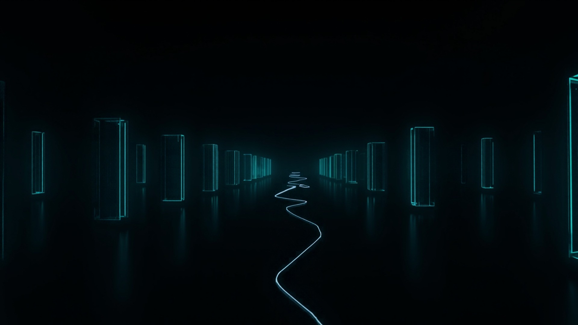 Two rows of glowing storage blocks in a dark data center, the second row trailing behind the first along a light path