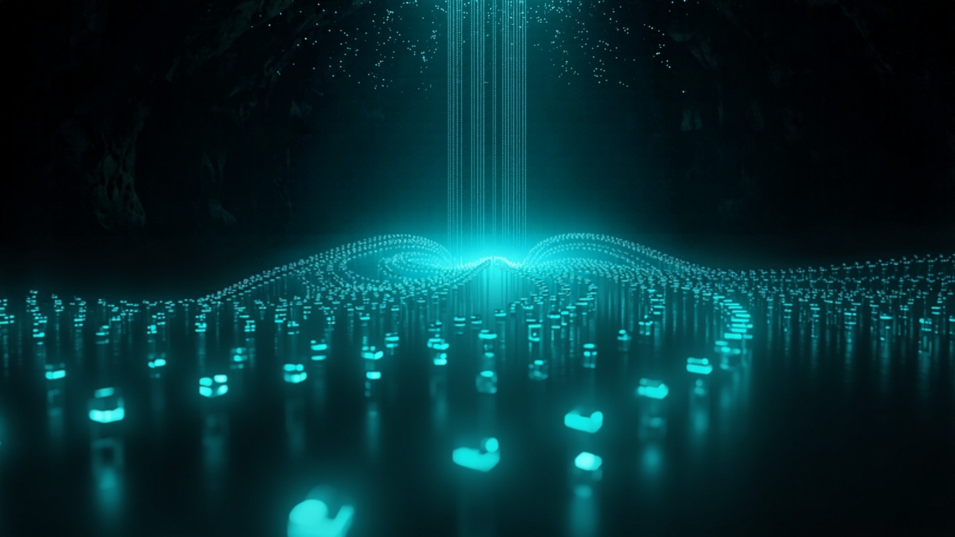Dark data center rack with many identical glowing blocks collapsing into a single stored block