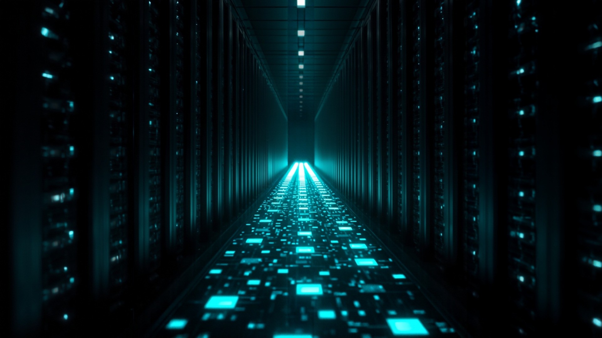 A dense stream of glowing teal data blocks flowing outward from dark server racks along a single bright channel