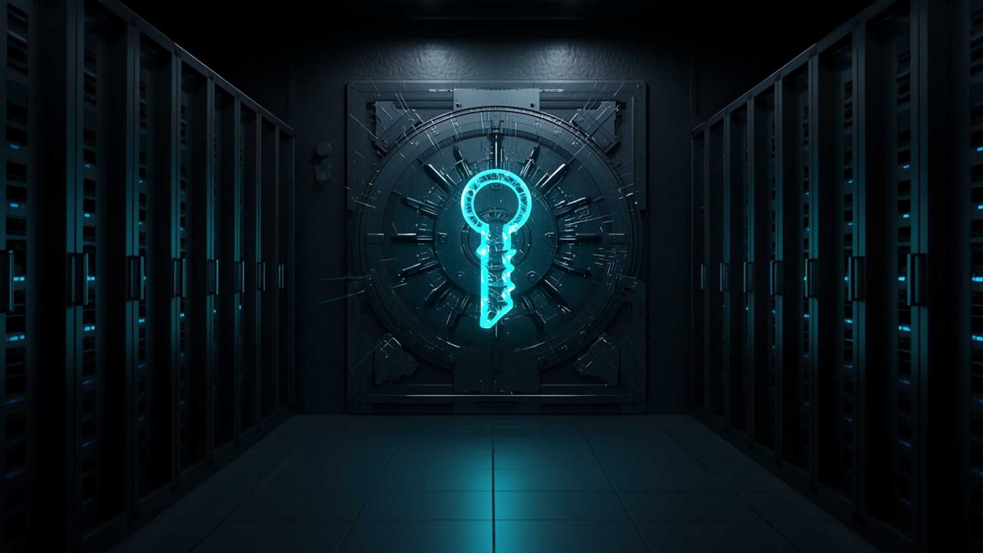 Dark server room with a sealed vault door beside racks, thin cyan light tracing a path from the door to storage