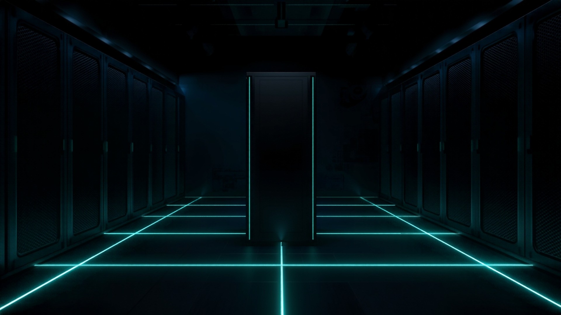 Dark data center aisle with one server rack separated from the others by a lit gap in the floor