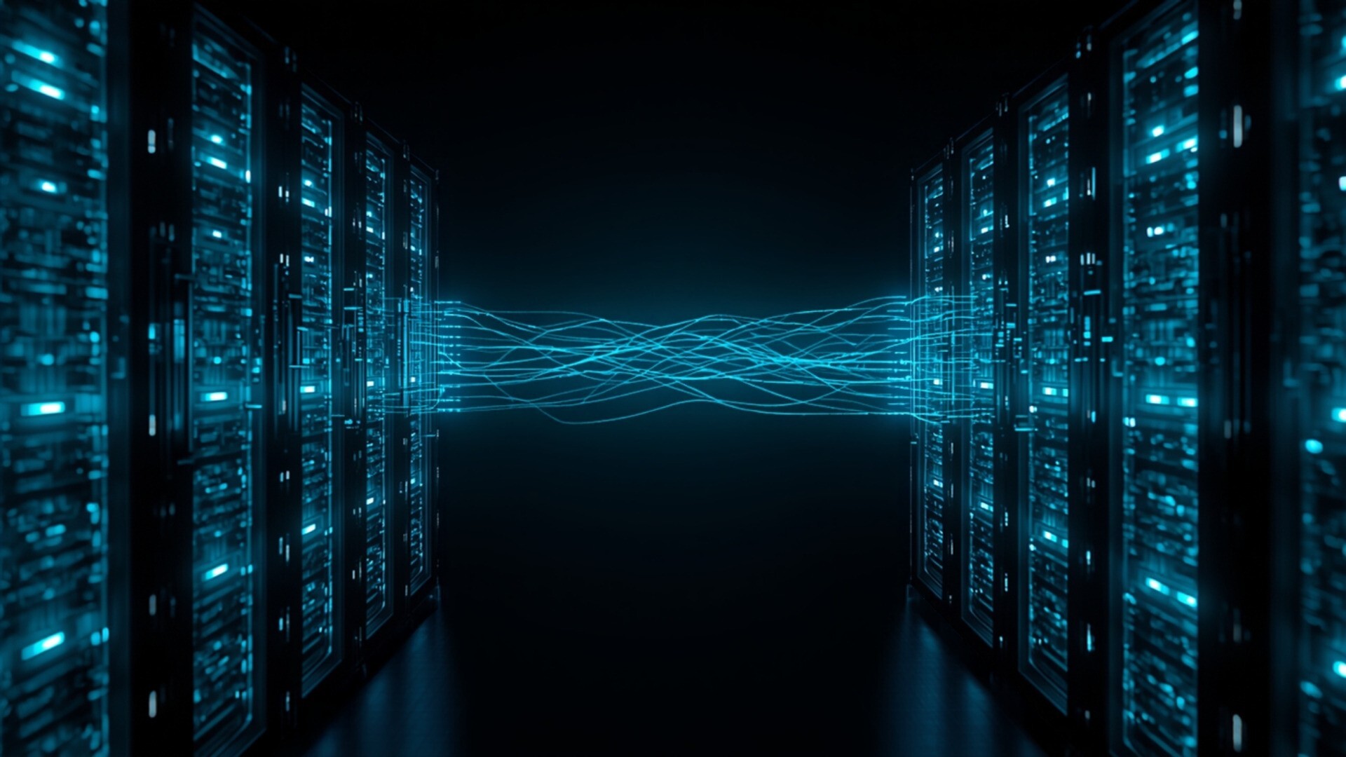 Two racks of glowing storage blocks in a dark hall linked by light paths carrying data between them