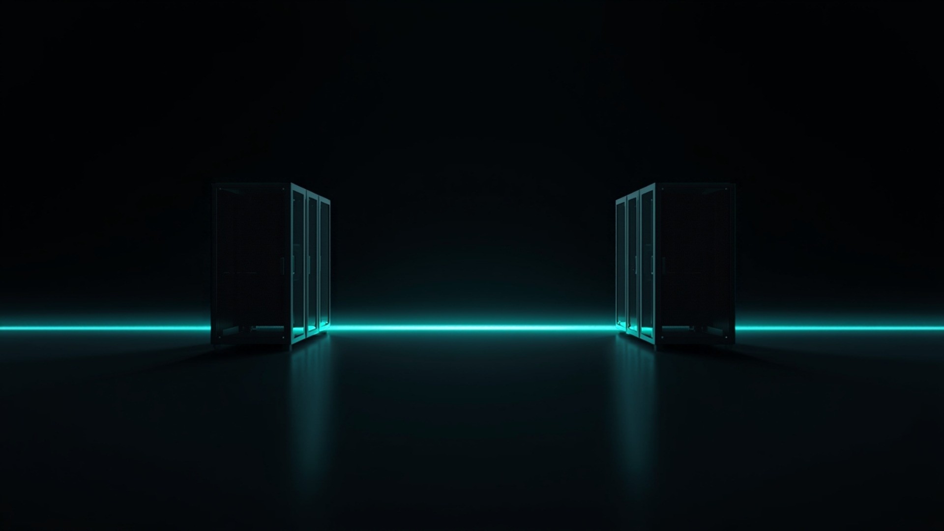 Dark network diagram render with cyan light paths crossing a boundary between two isolated server racks
