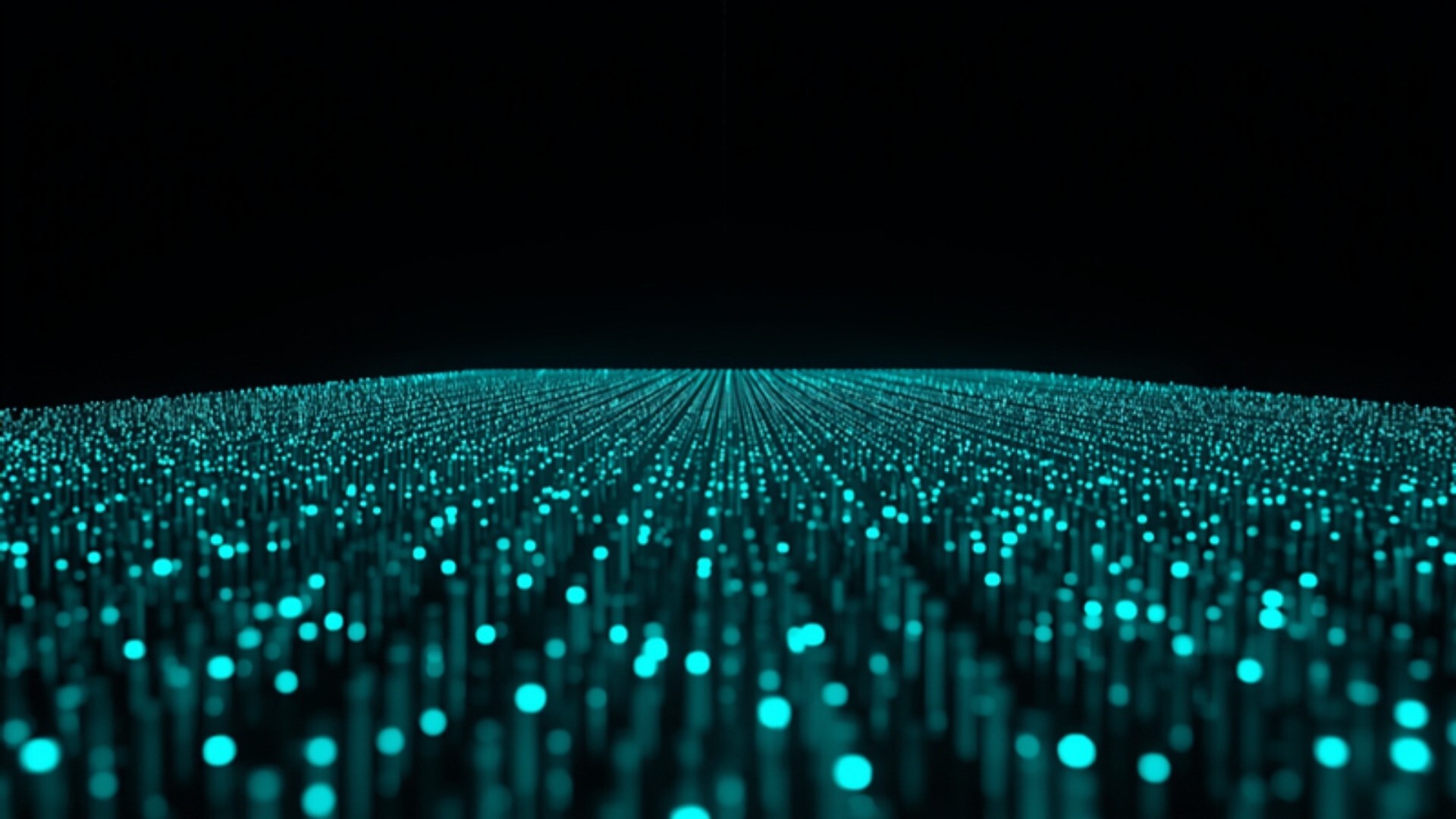 Receding rows of glowing data blocks in a dark hall, dense in front and thinning into the distance