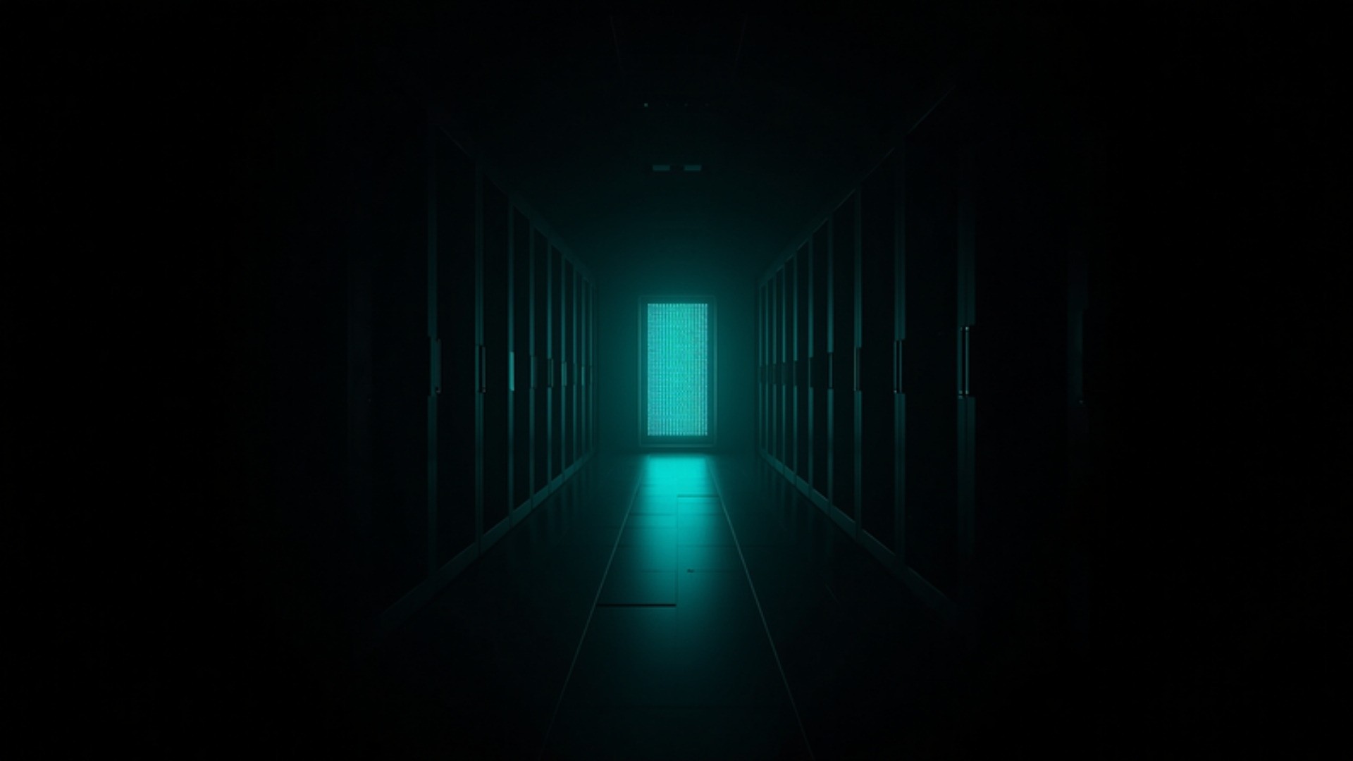 Dark data center aisle with server racks where one alert indicator glows amid rows of steady status lights