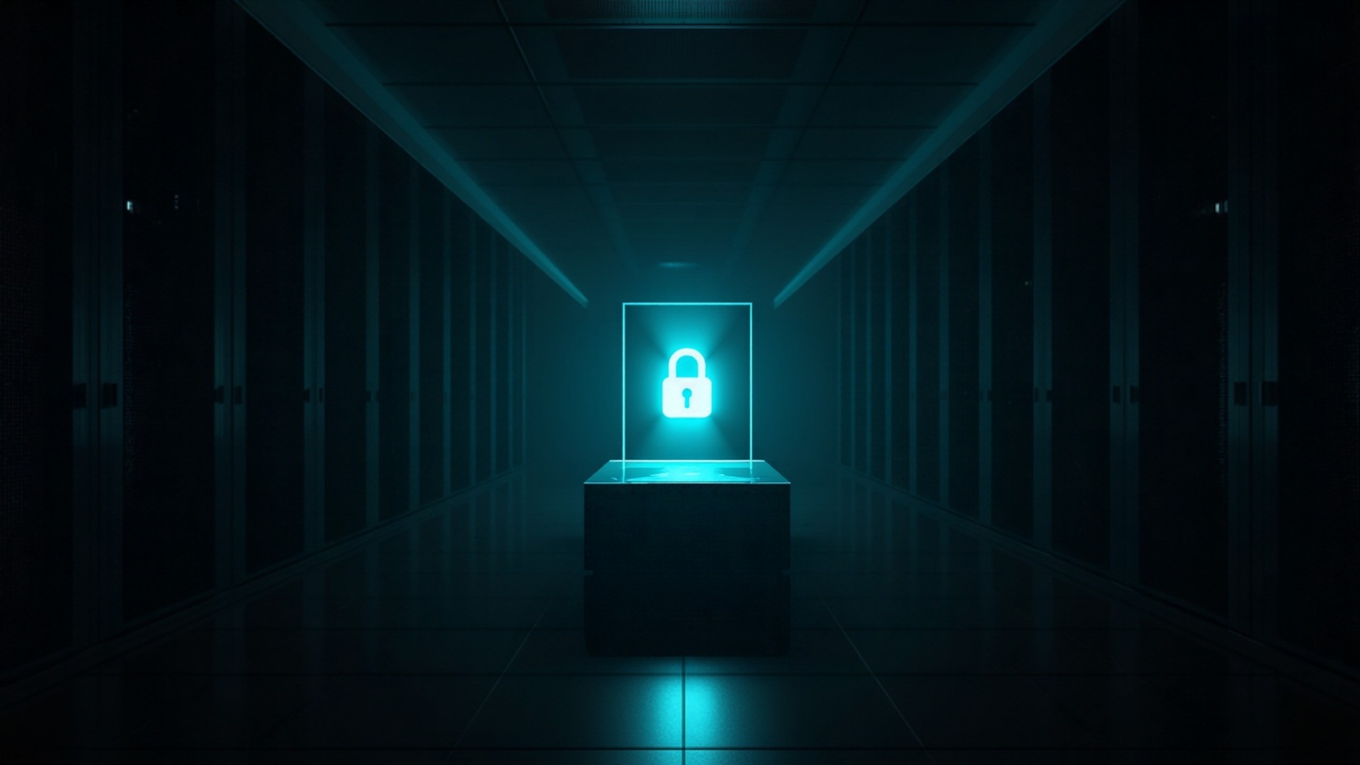 Dark data center aisle with server racks and a glowing cyan lock symbol on one storage node