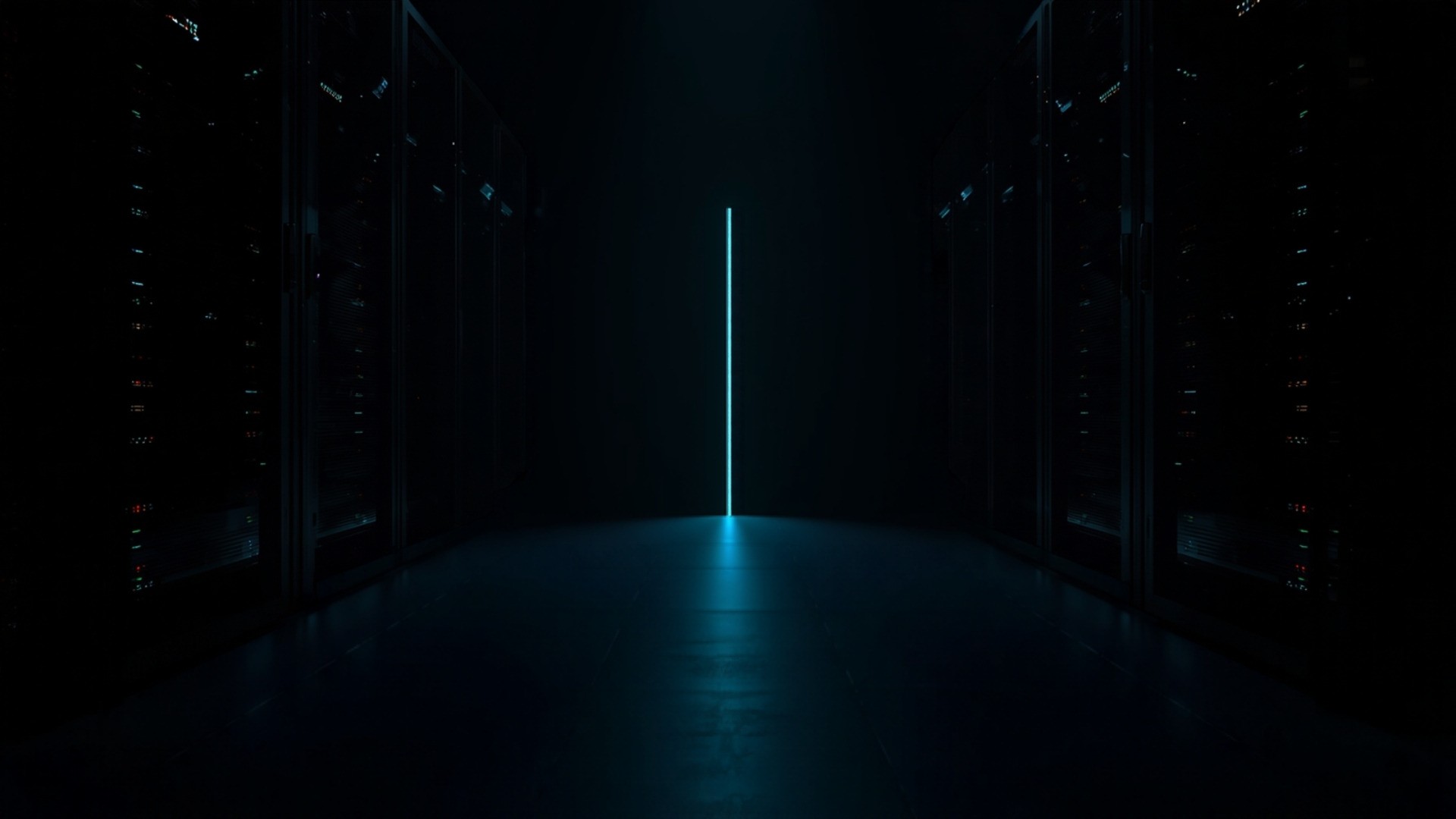 Dark server room where narrow beams of light connect one rack to a few others while most rows stay unlit