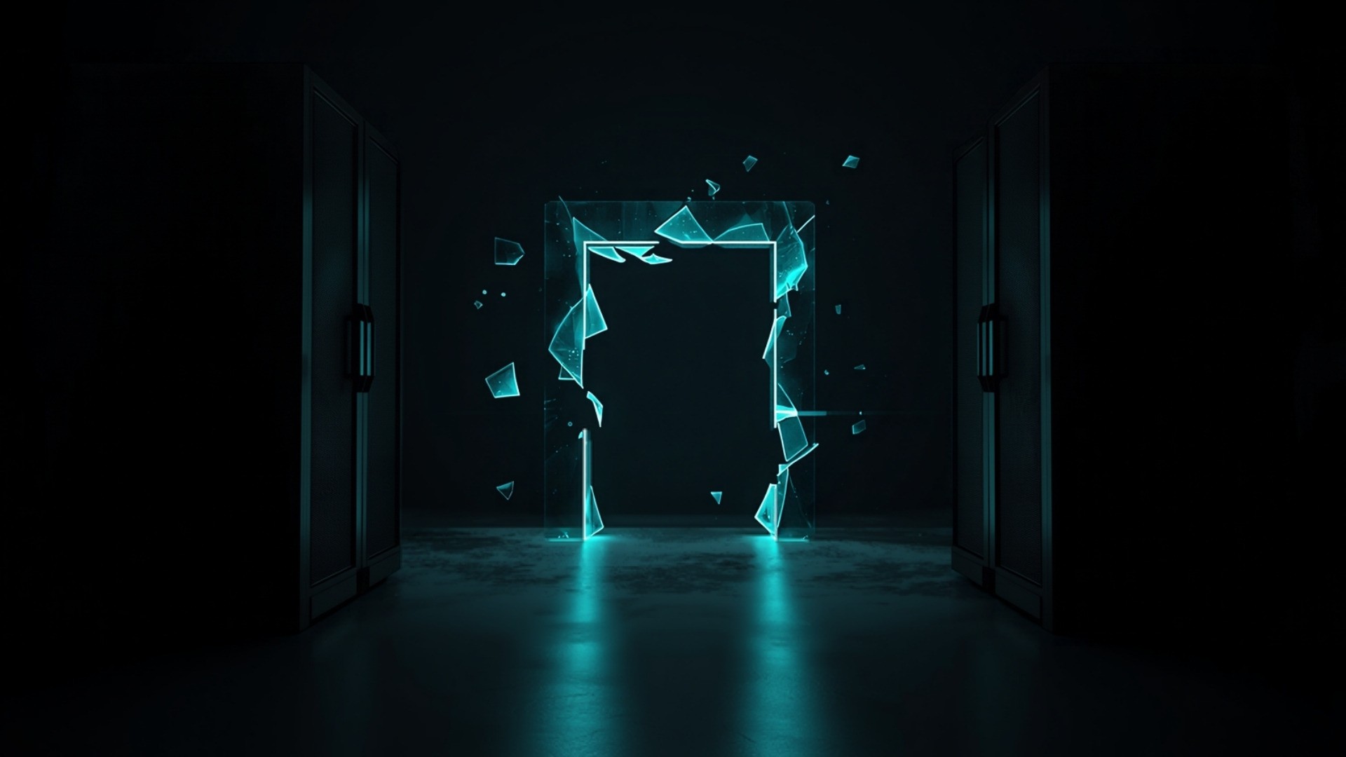 Dark data center with a teal padlock-shaped light structure forming across a link between two racks