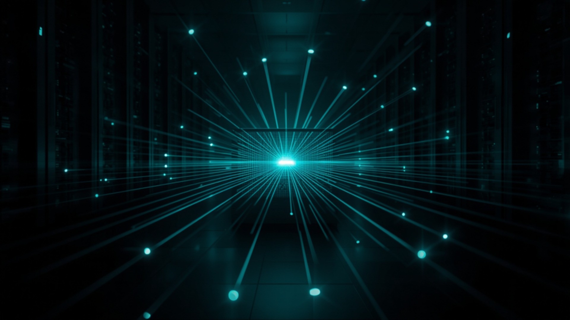 Several small glowing teal storage clusters merging into one larger block in a dark data center aisle