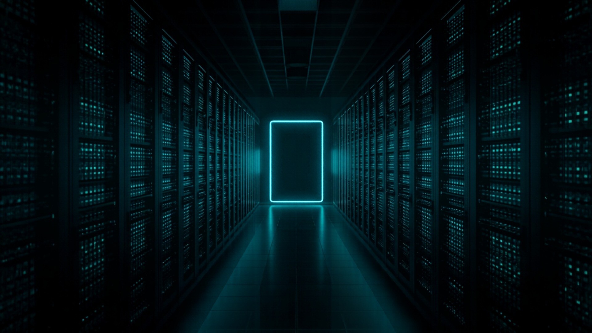 Glowing teal storage blocks with a deliberate empty gap held open in a dark data center aisle of server racks