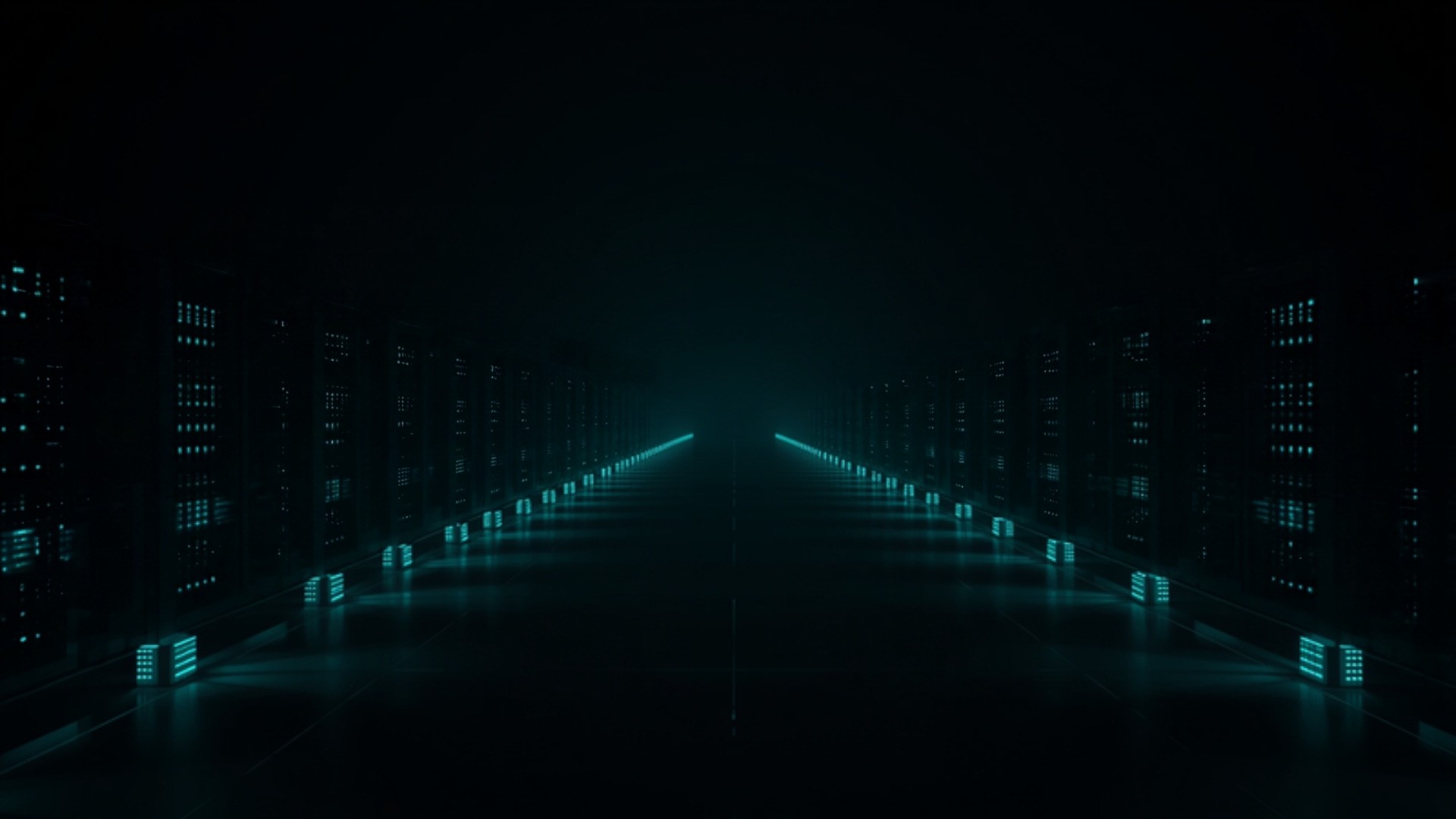 Dark data center with a few teal indicator lights standing out among many dimmed racks