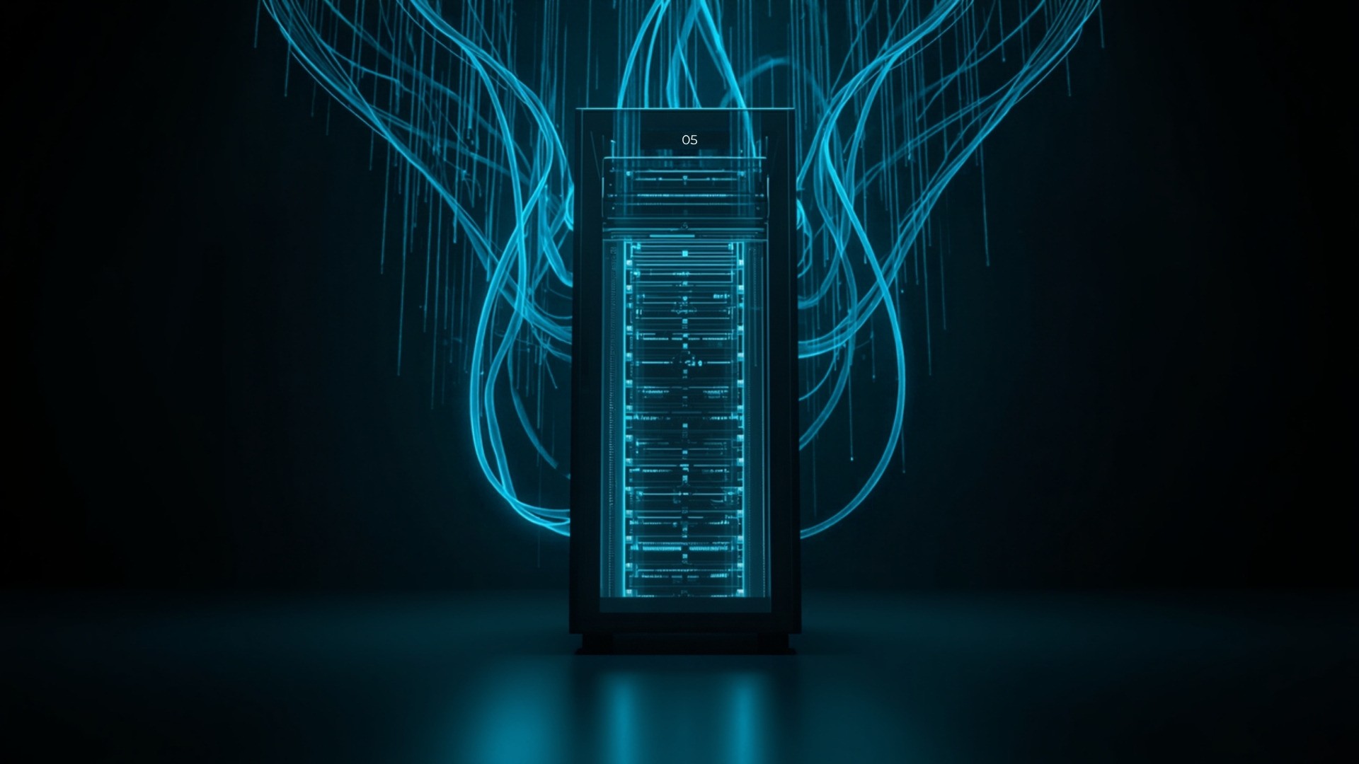 Dark data center cabinet with glowing teal power feeds and cooling airflow traced as light paths around stacked servers