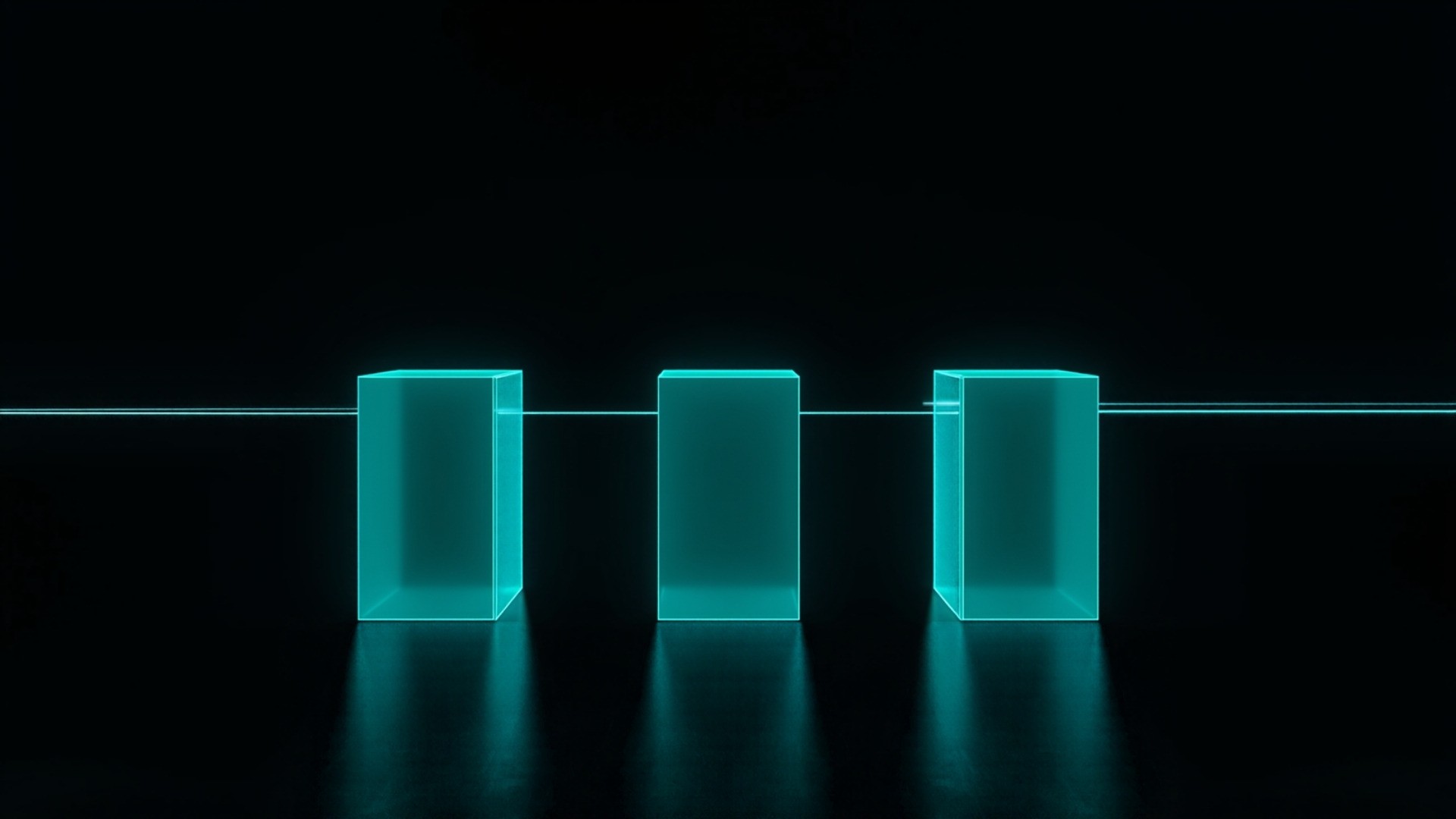 Three parallel stacks of glowing teal storage blocks aligned to a common baseline in a dark server room