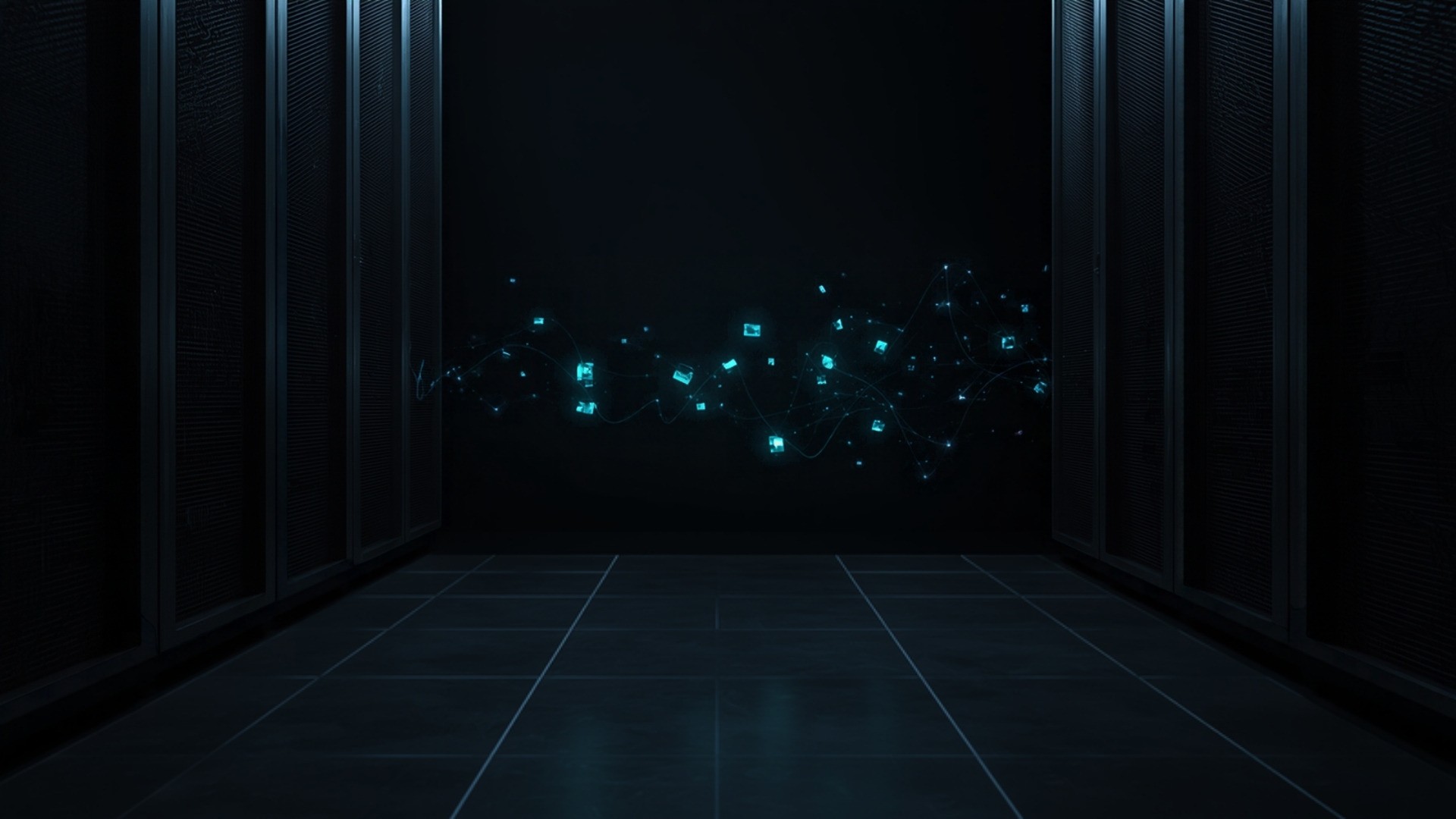 Older and newer server racks side by side in a dark data center aisle joined by glowing teal light paths