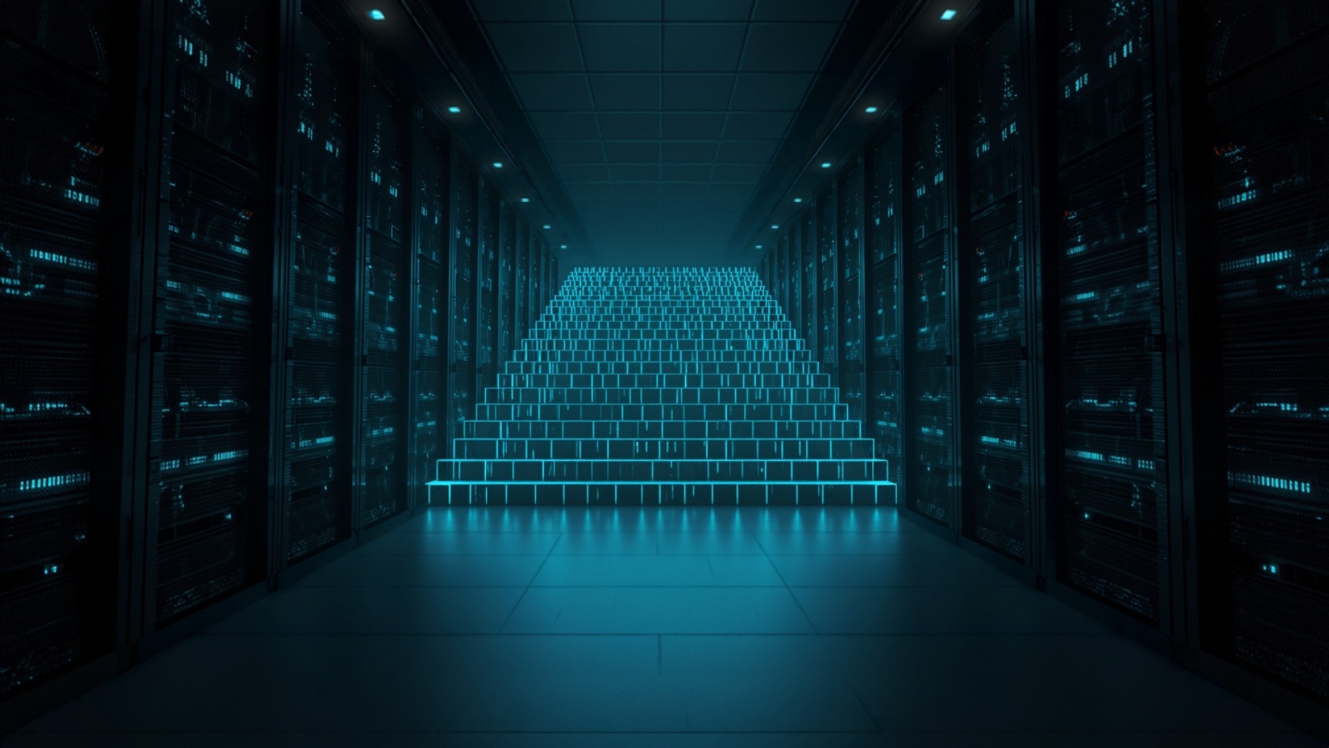 Glowing teal storage blocks stacking upward with reserved empty space ahead of them in a dark server aisle