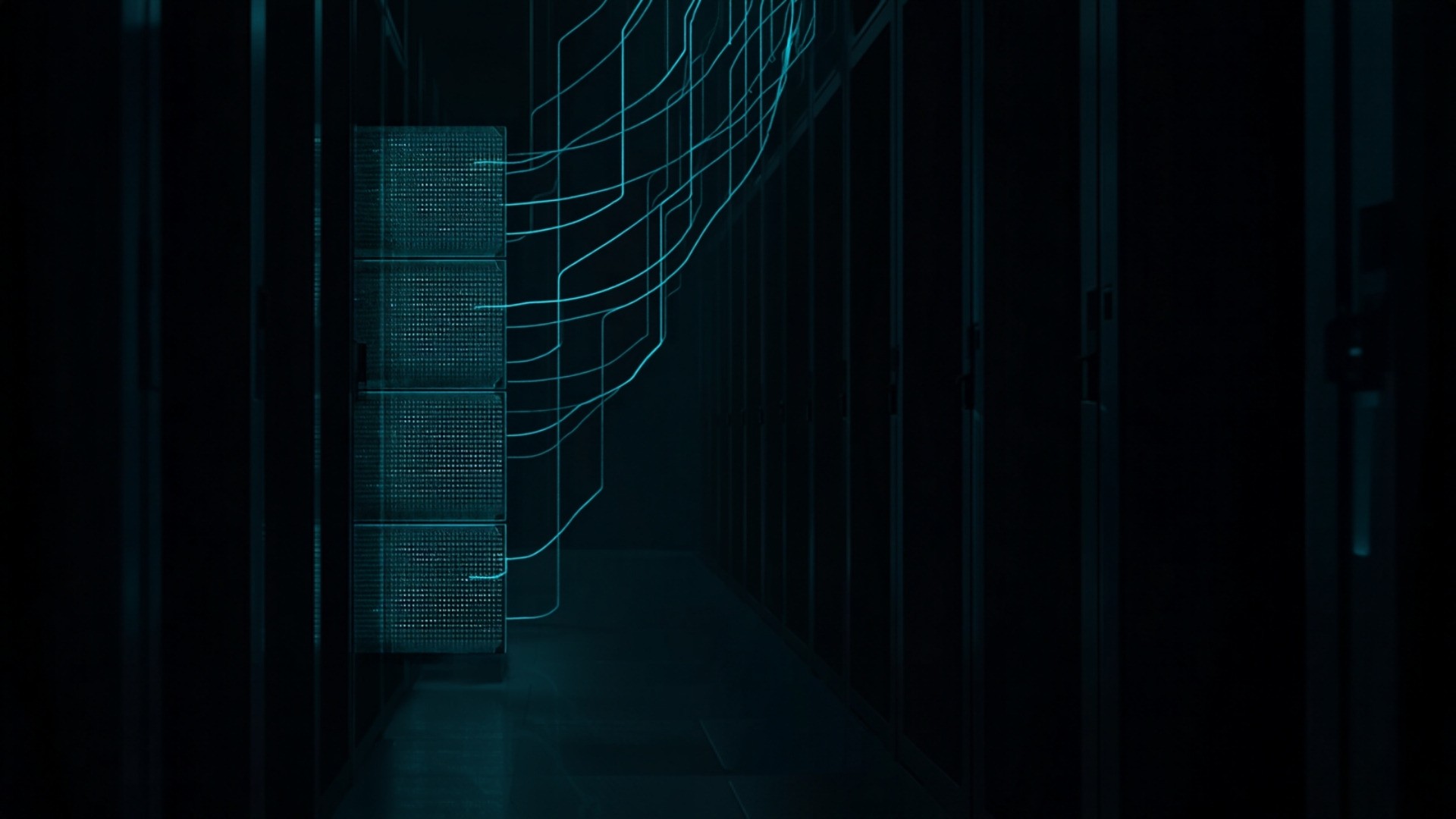 Three ascending stacks of glowing teal storage blocks along a dark data center aisle with thin cyan light paths
