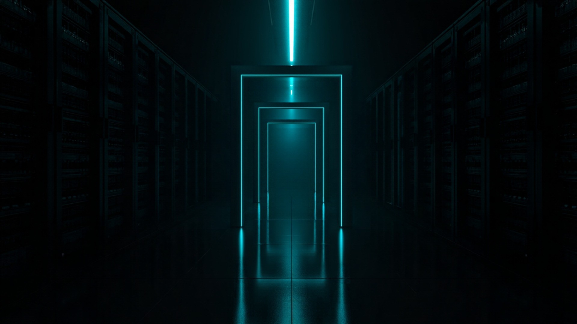 Dark data center corridor with nested glowing archways lit in cyan along a single reflective path