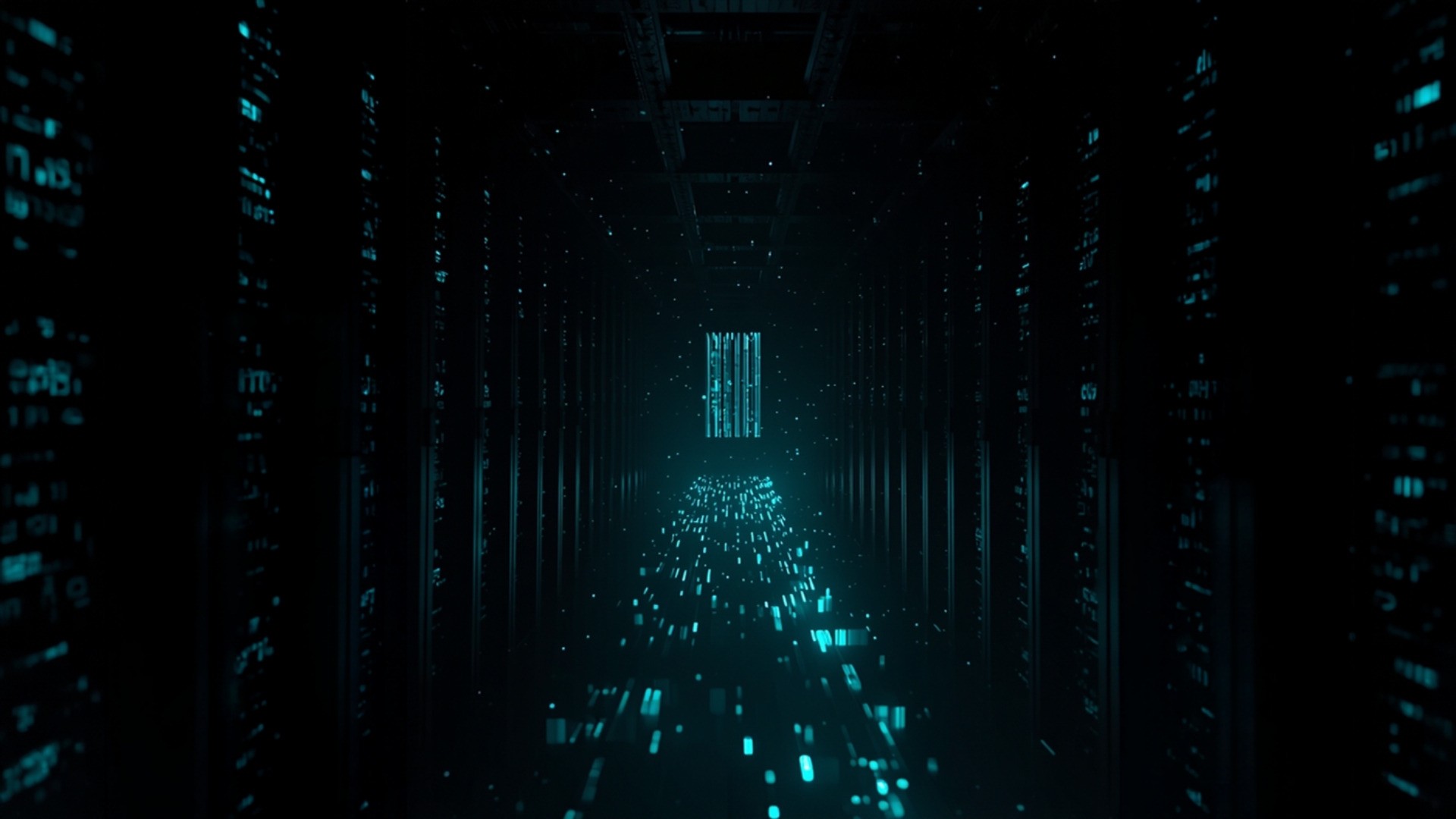 Dark data center aisle with server racks and glowing cyan light paths tracing data movement between them