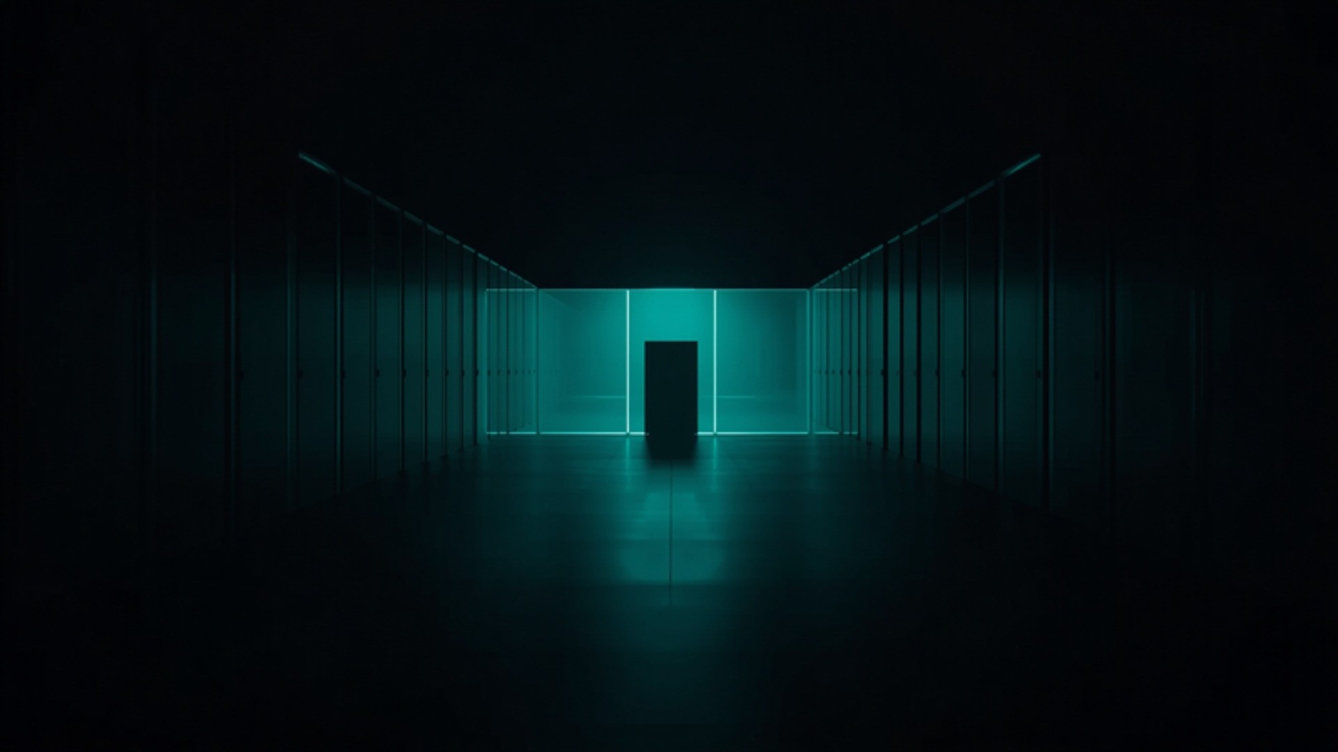 Dark data center with a row of glowing storage blocks receding into shadow, one block lit brighter in cyan