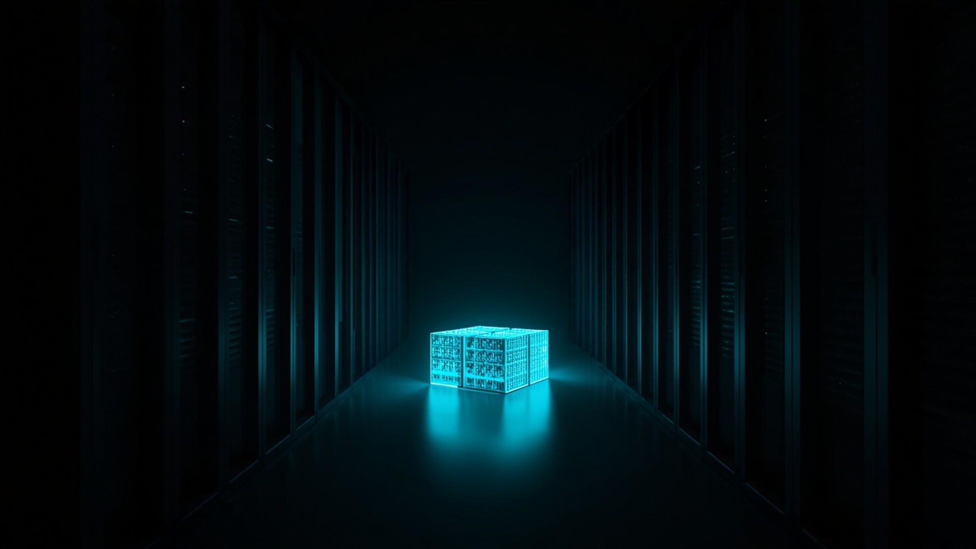 Two converging teal light paths crossing a dark data center aisle between server racks toward glowing storage blocks