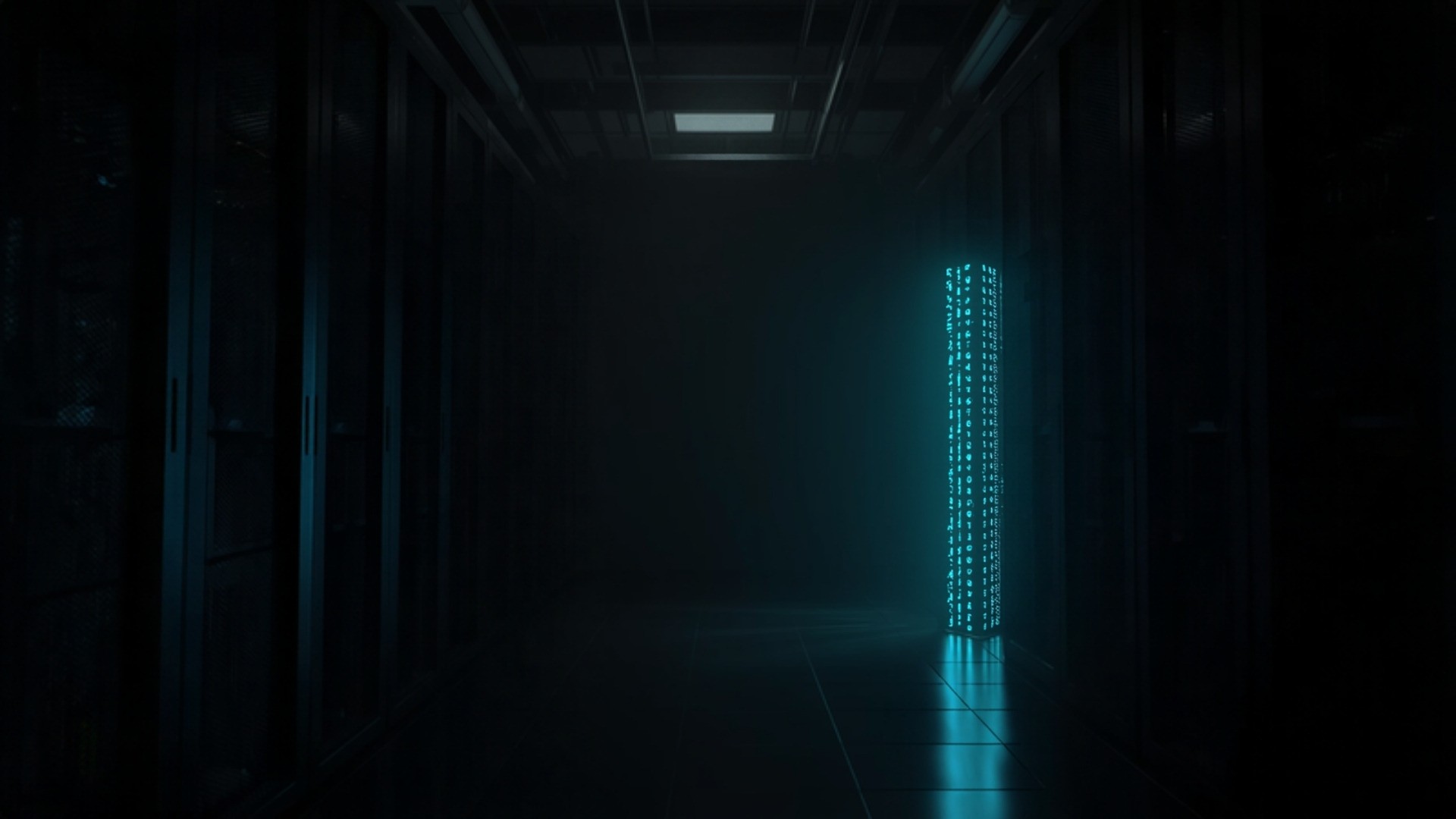 Dark data center aisle where one server rack is dimmed and a nearby block of storage stays lit in cyan