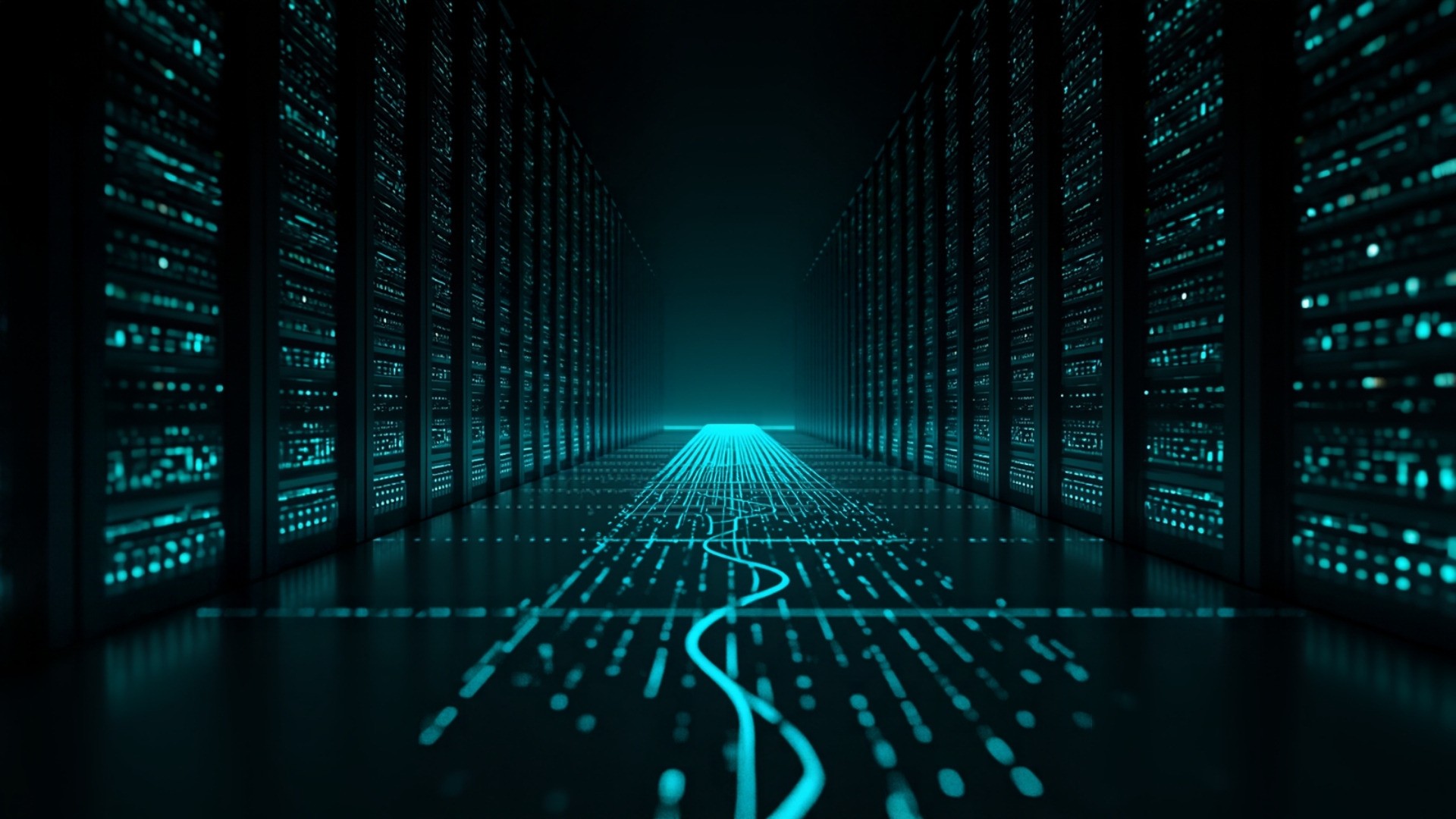 A long receding row of glowing teal data blocks fading into darkness along a dark server aisle