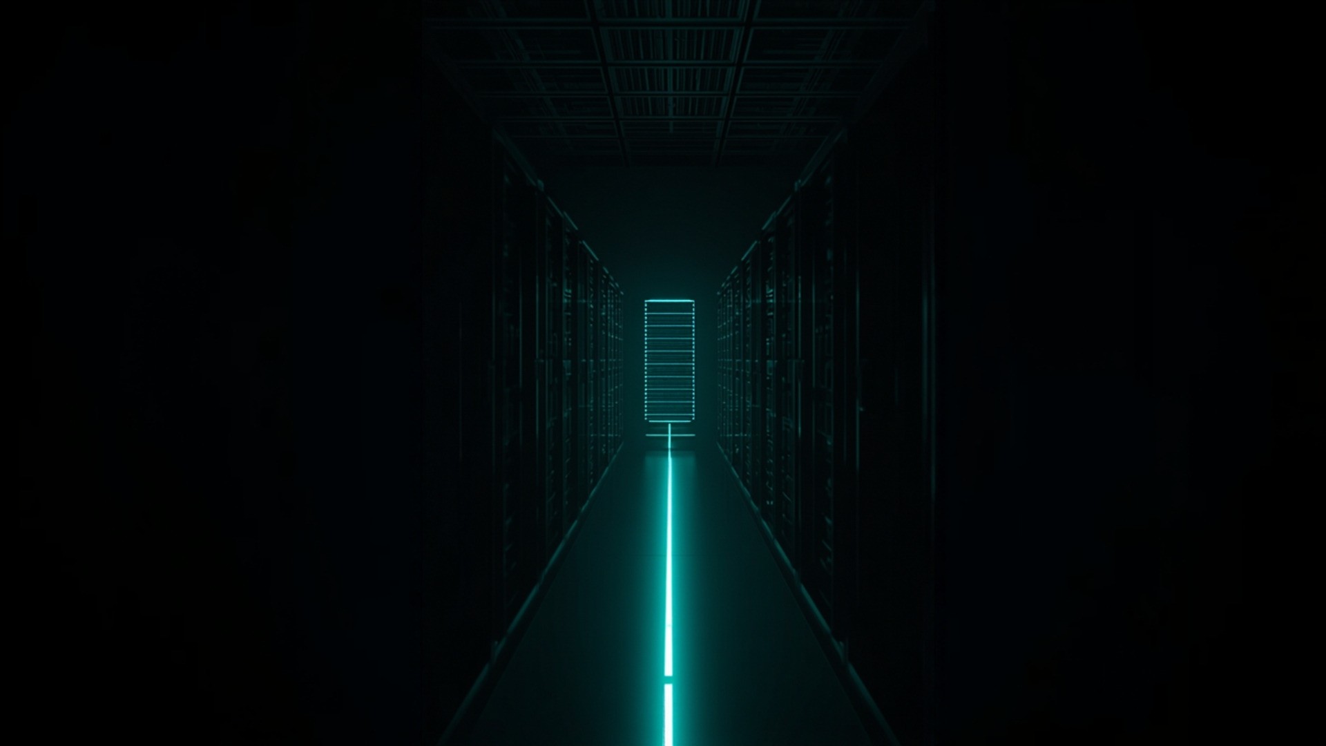 Darkened data center with one isolated server rack lit in cyan while surrounding racks stay dark