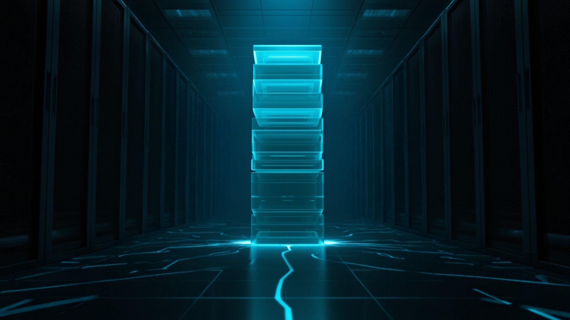 Dark data center with a glowing stack of layered data blocks, one thin layer lit apart from the rest in cyan