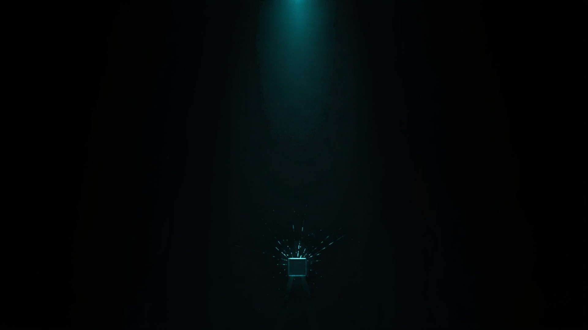 One glowing teal block traced by a scattered light path beside a wide sequential beam through dark server racks