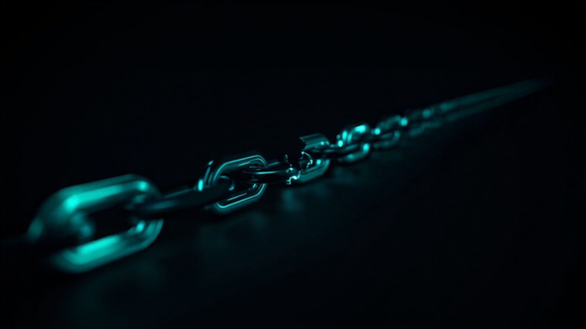 A chain of glowing storage blocks stretching through a dark server hall, one link dimmed and breaking the line