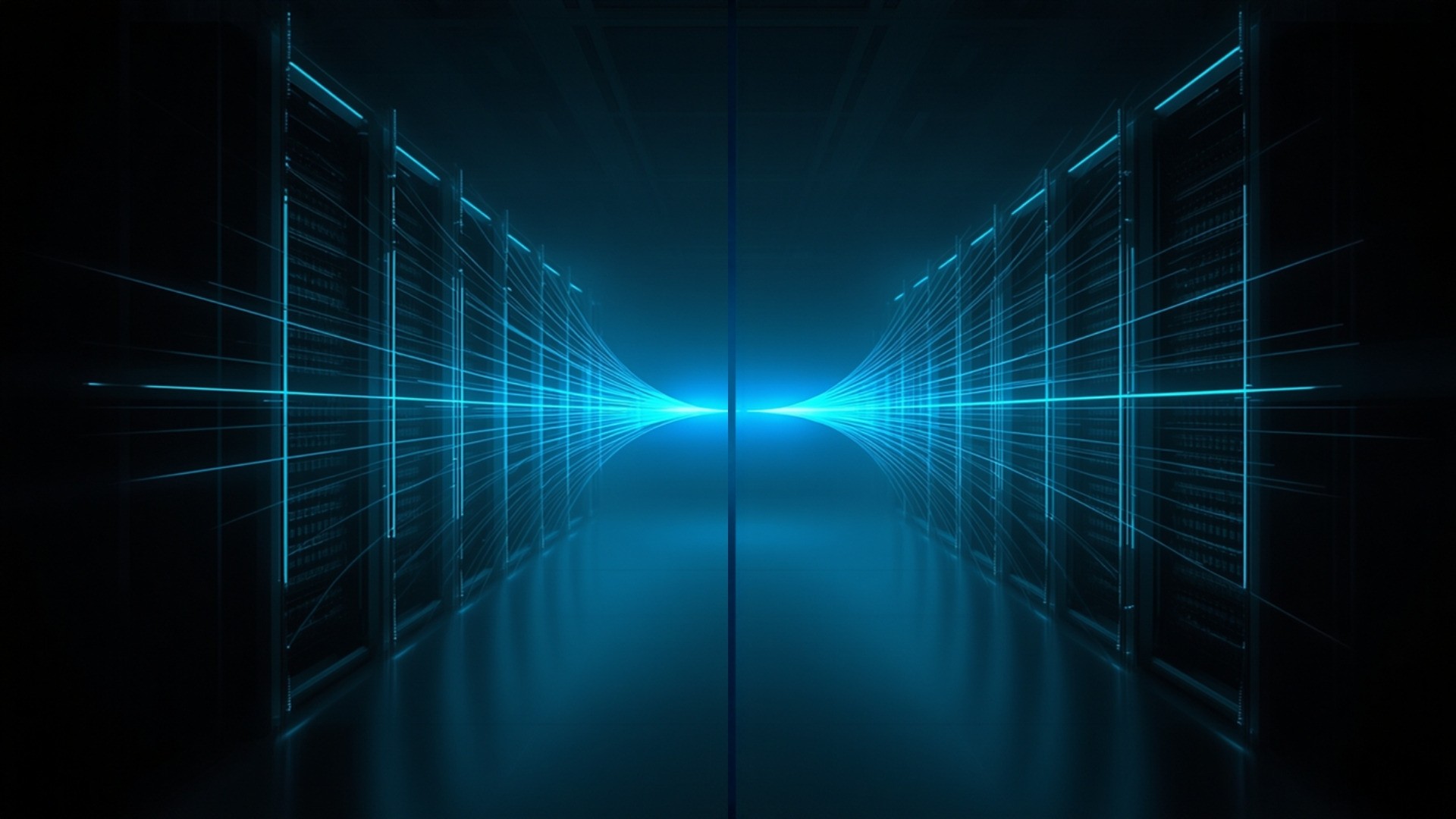Dark data center with several linked server racks and glowing cyan paths converging toward one storage node