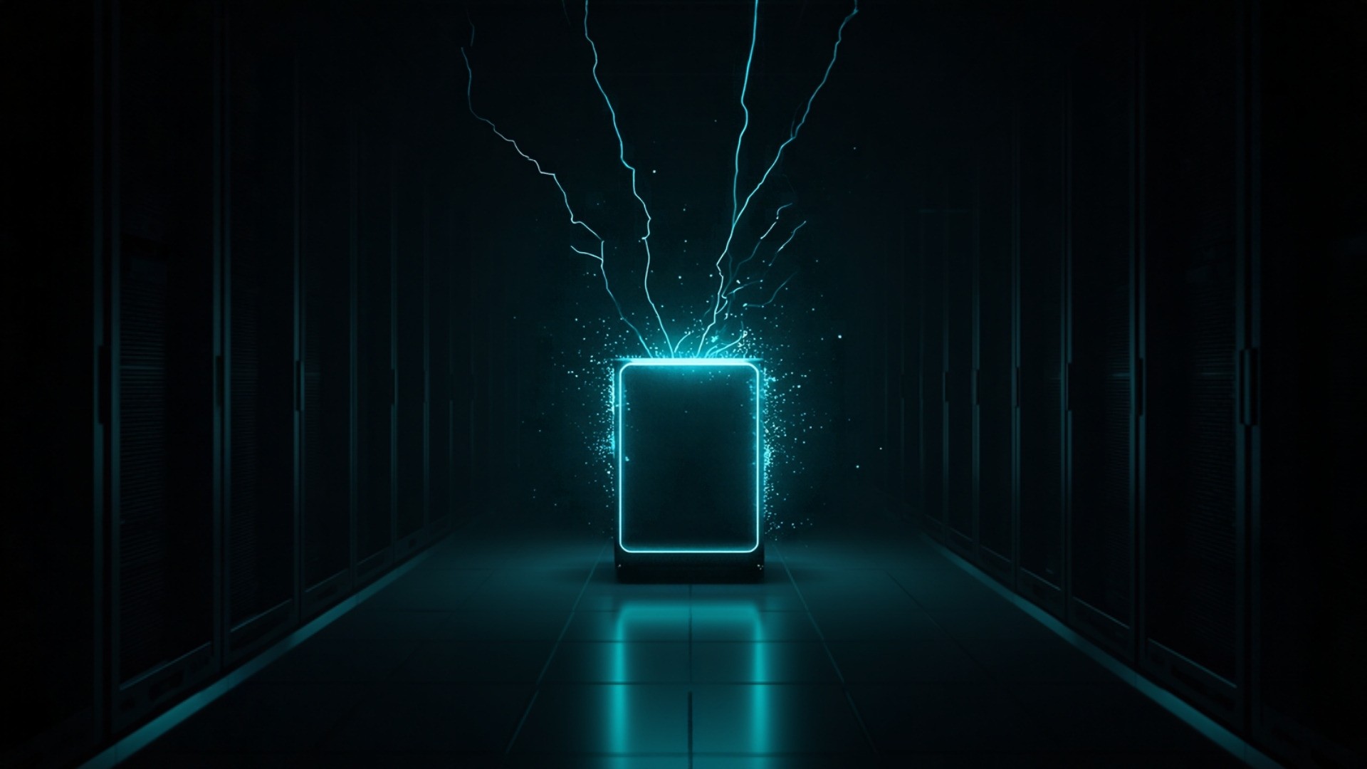 Dark server racks with one sealed glowing storage block and light paths breaking apart around it