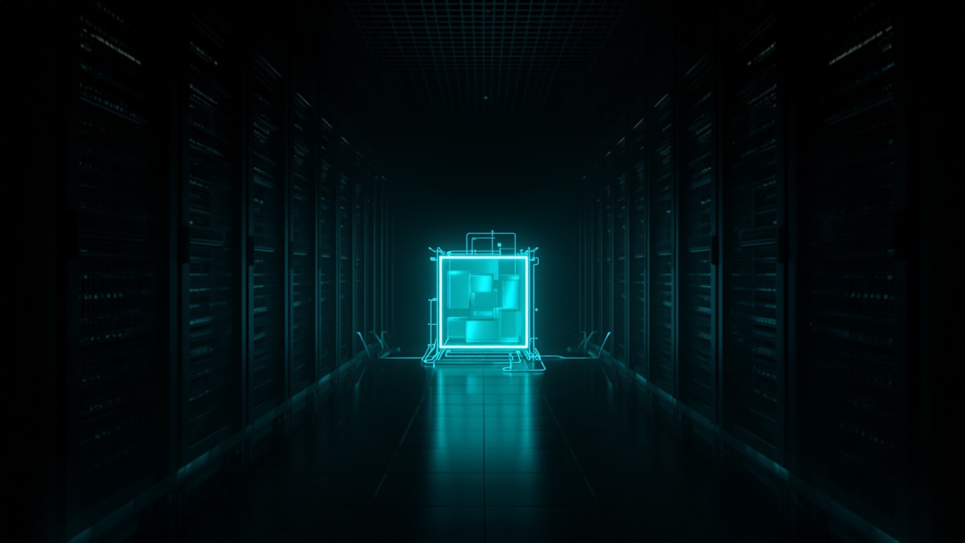 Sealed glowing teal storage blocks isolated in a dark server rack aisle with no light paths connecting to them