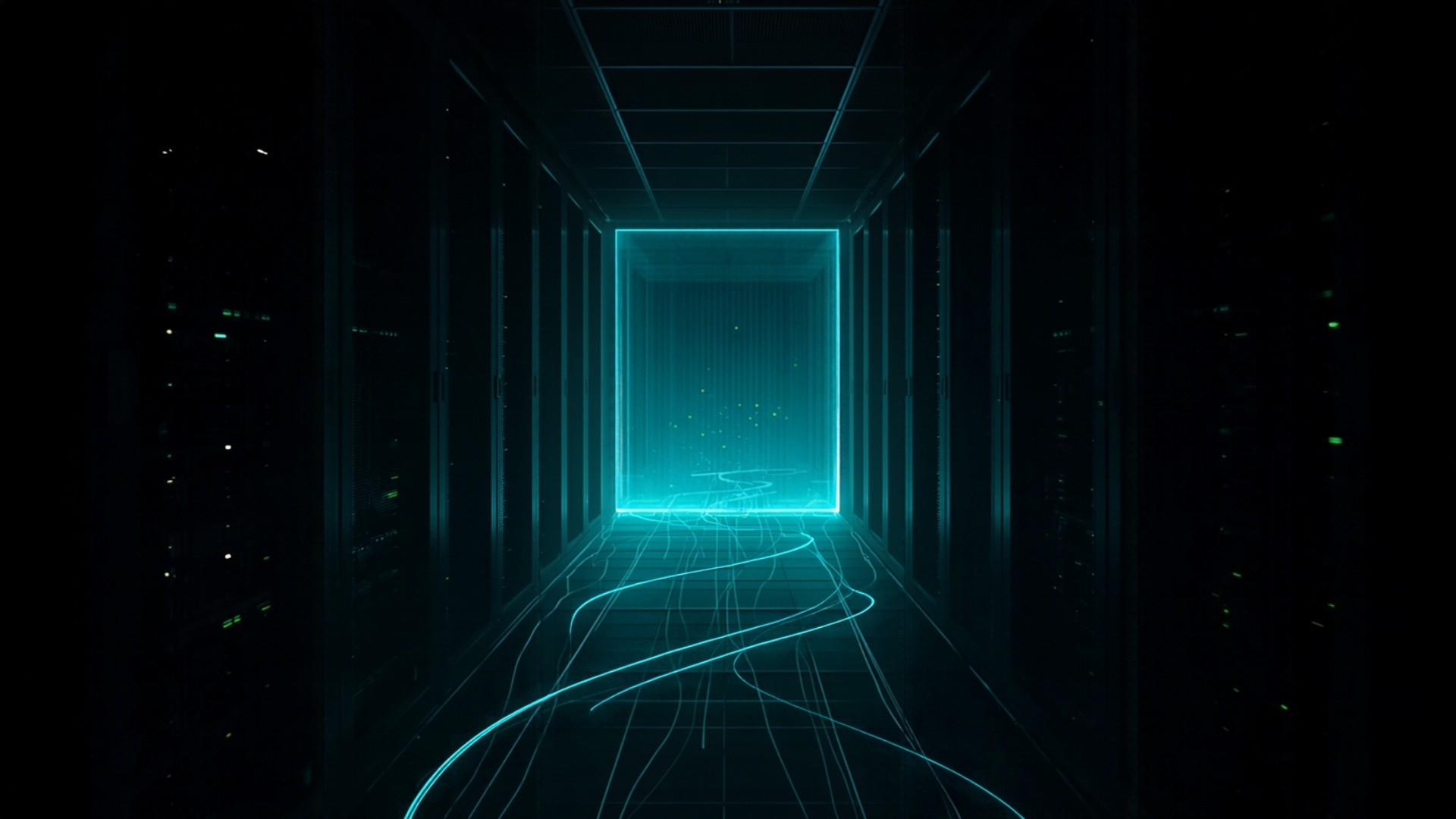 Dark data center corridor with several parallel routes between racks, one of them sealed by a glowing barrier
