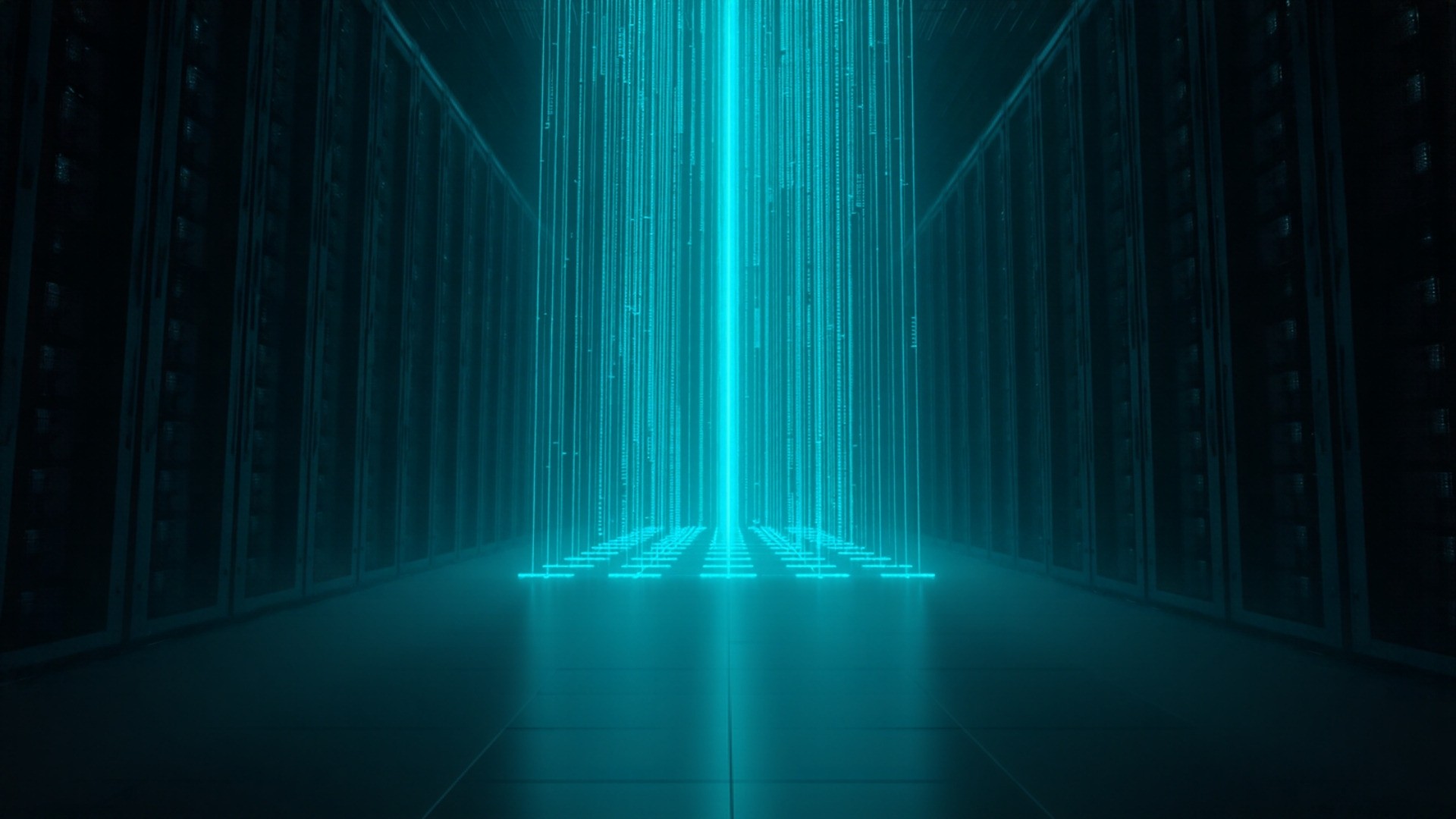 Dark data center with many light paths converging from storage racks into one narrow bright channel in cyan