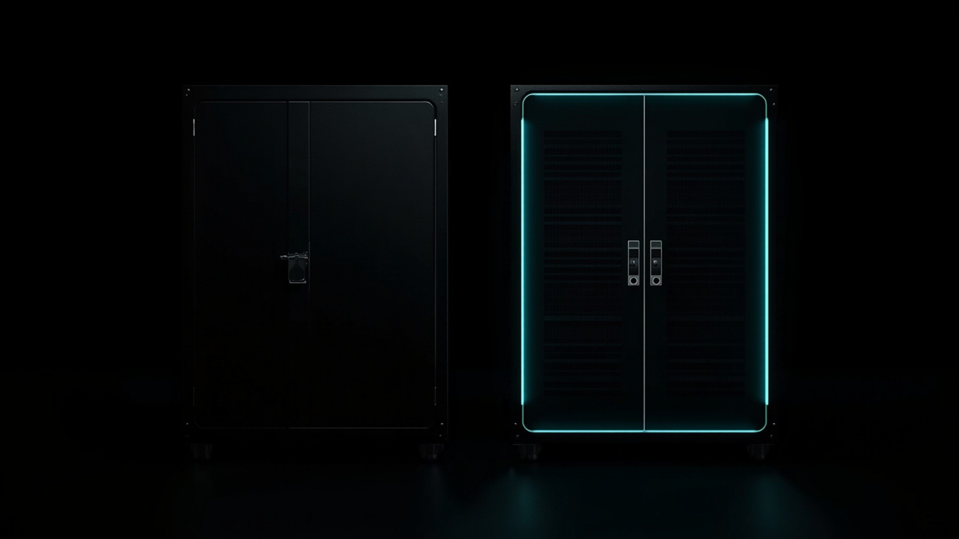 Two storage bays in a dark data center, one with an open latch and one sealed shut, lit in cyan