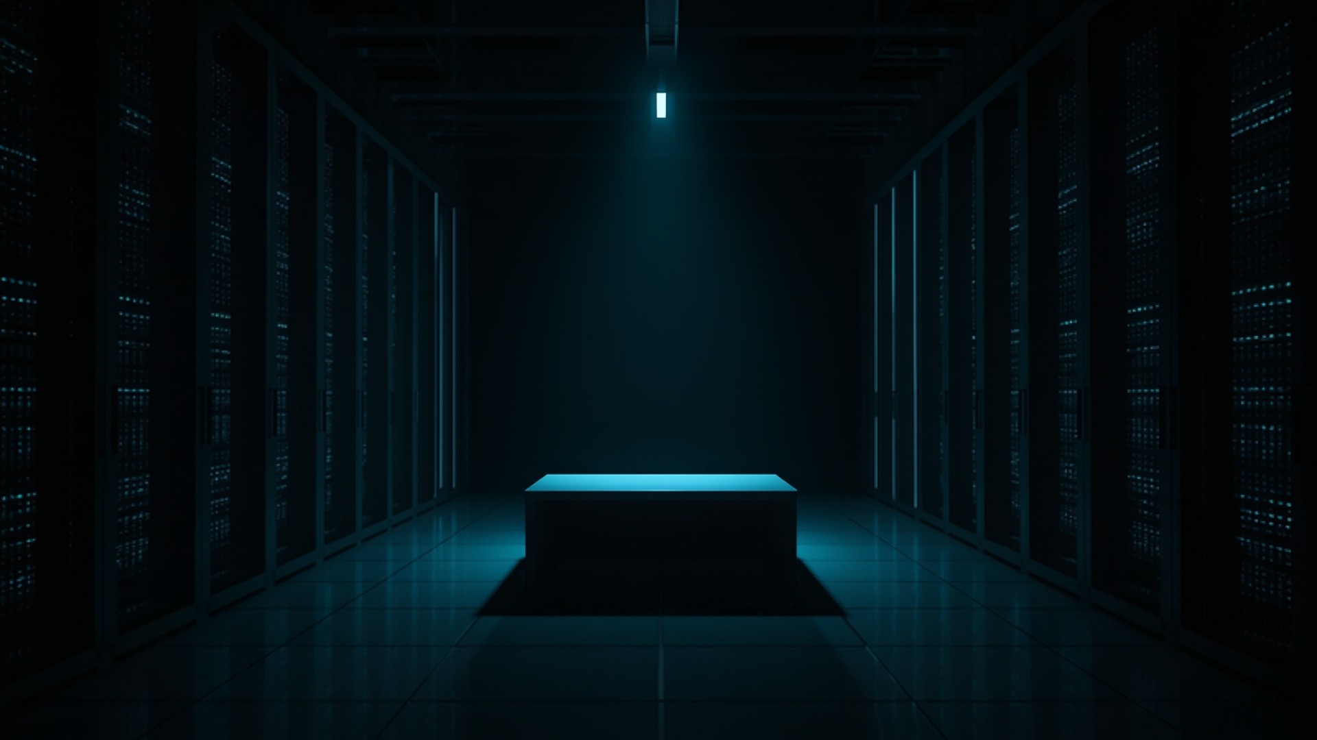 Dark data center aisle at night with a single lit workbench and racks of servers behind it