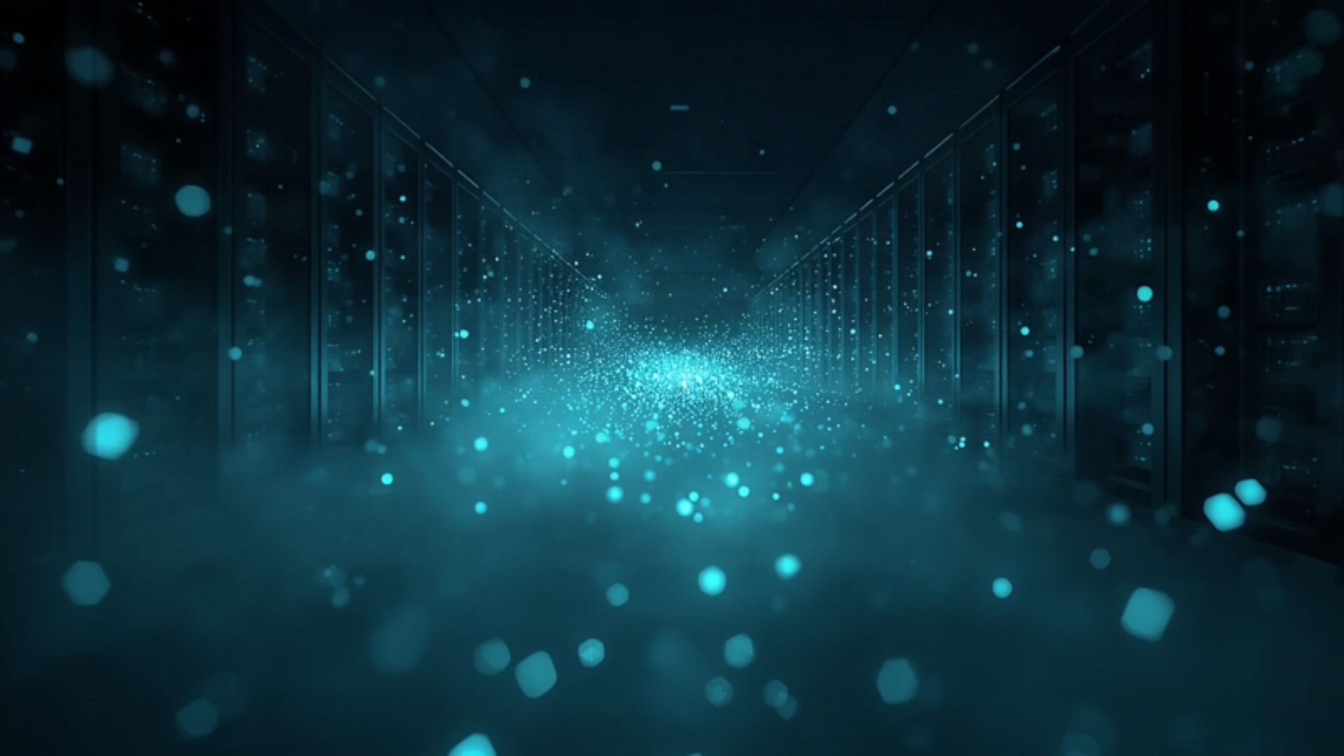 Dark server room with a chain of glowing cyan blocks reassembling into a single stream along a lit path