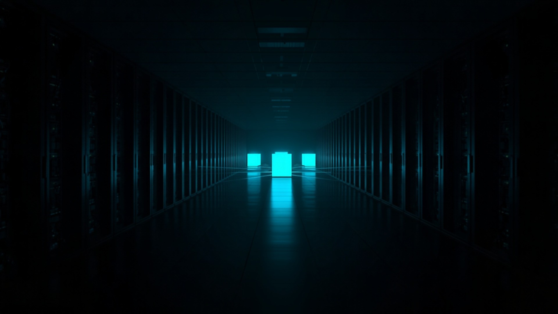 A small group of brightly lit teal blocks selected from rows of dimmer blocks in a dark data center