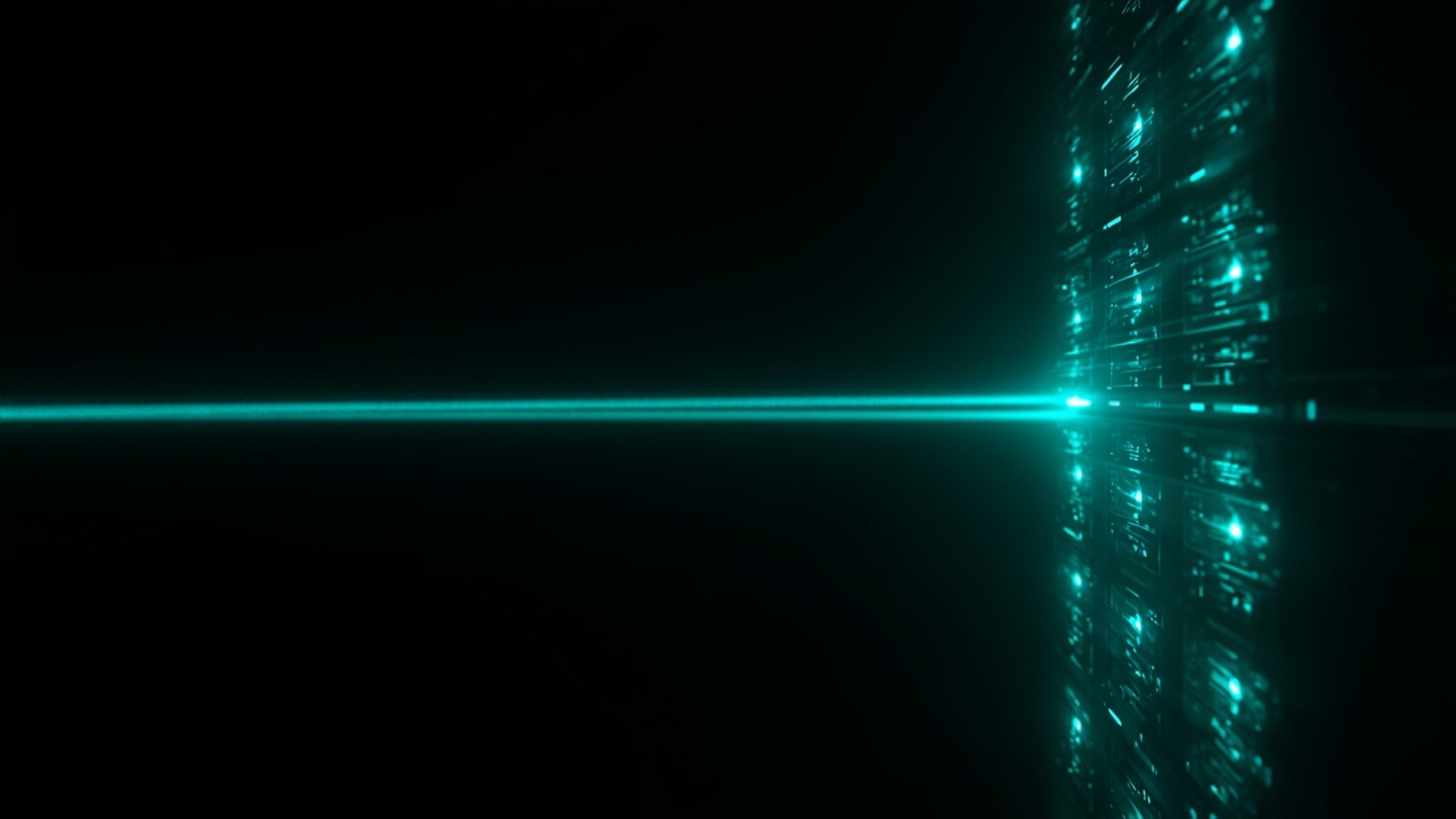 Dark data center racks with teal light paths splitting into parallel streams and rejoining