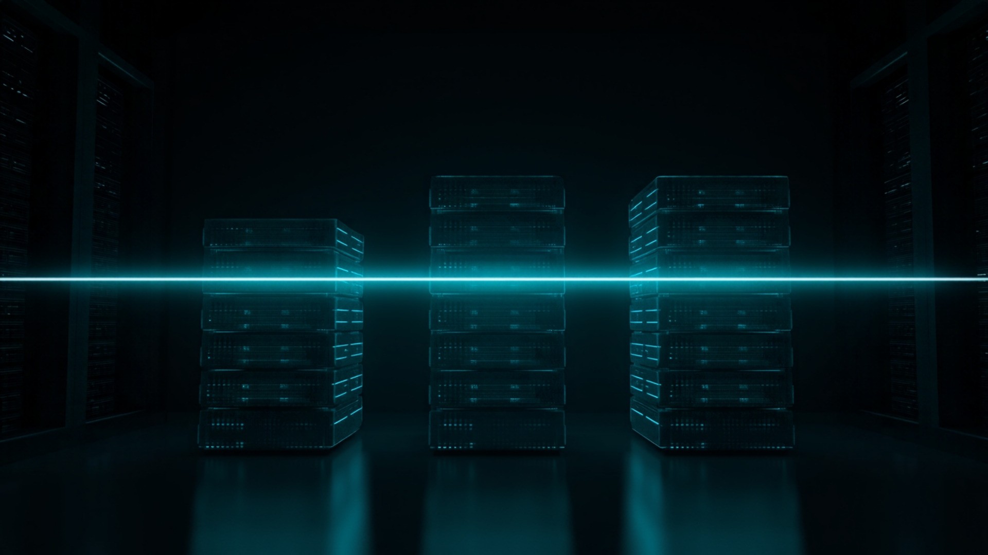 Three differently sized stacks of glowing teal storage blocks aligned to one measuring line in a dark server room