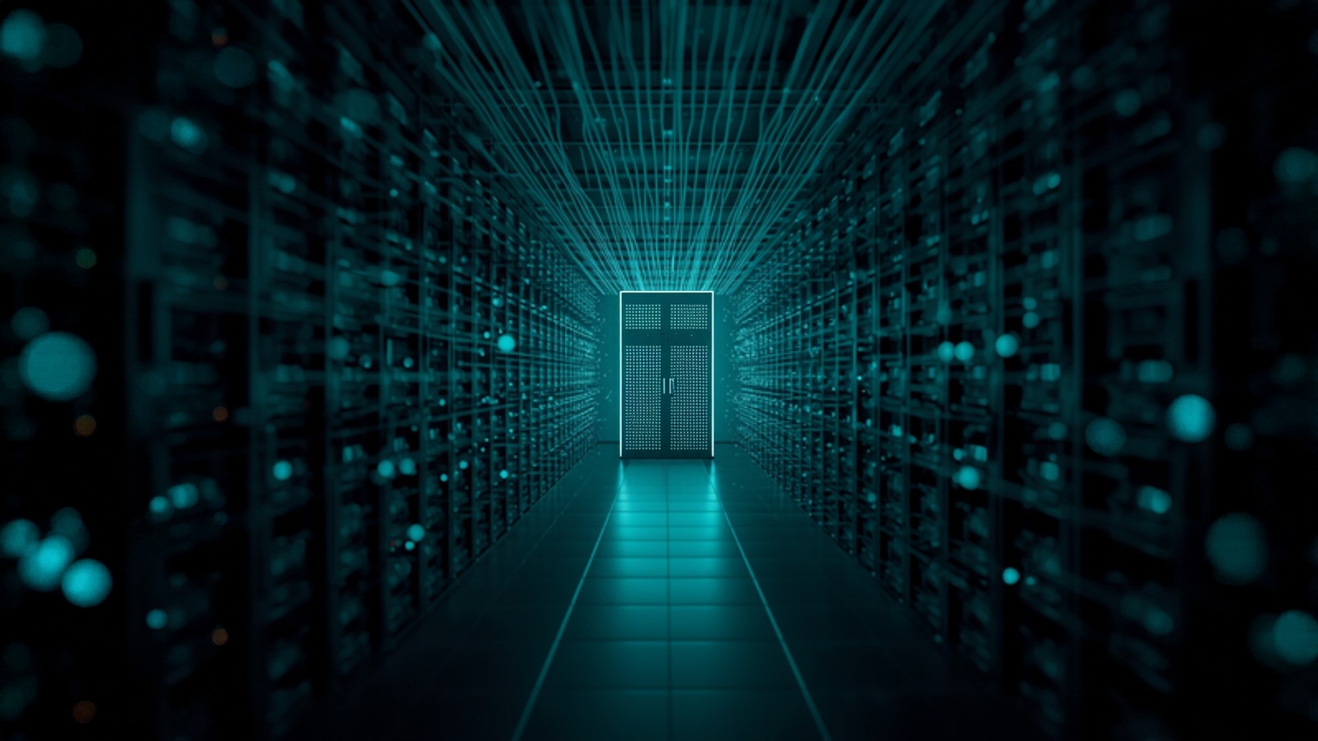 Dark data center with many small glowing cyan streams converging from the edges into a single rack of storage