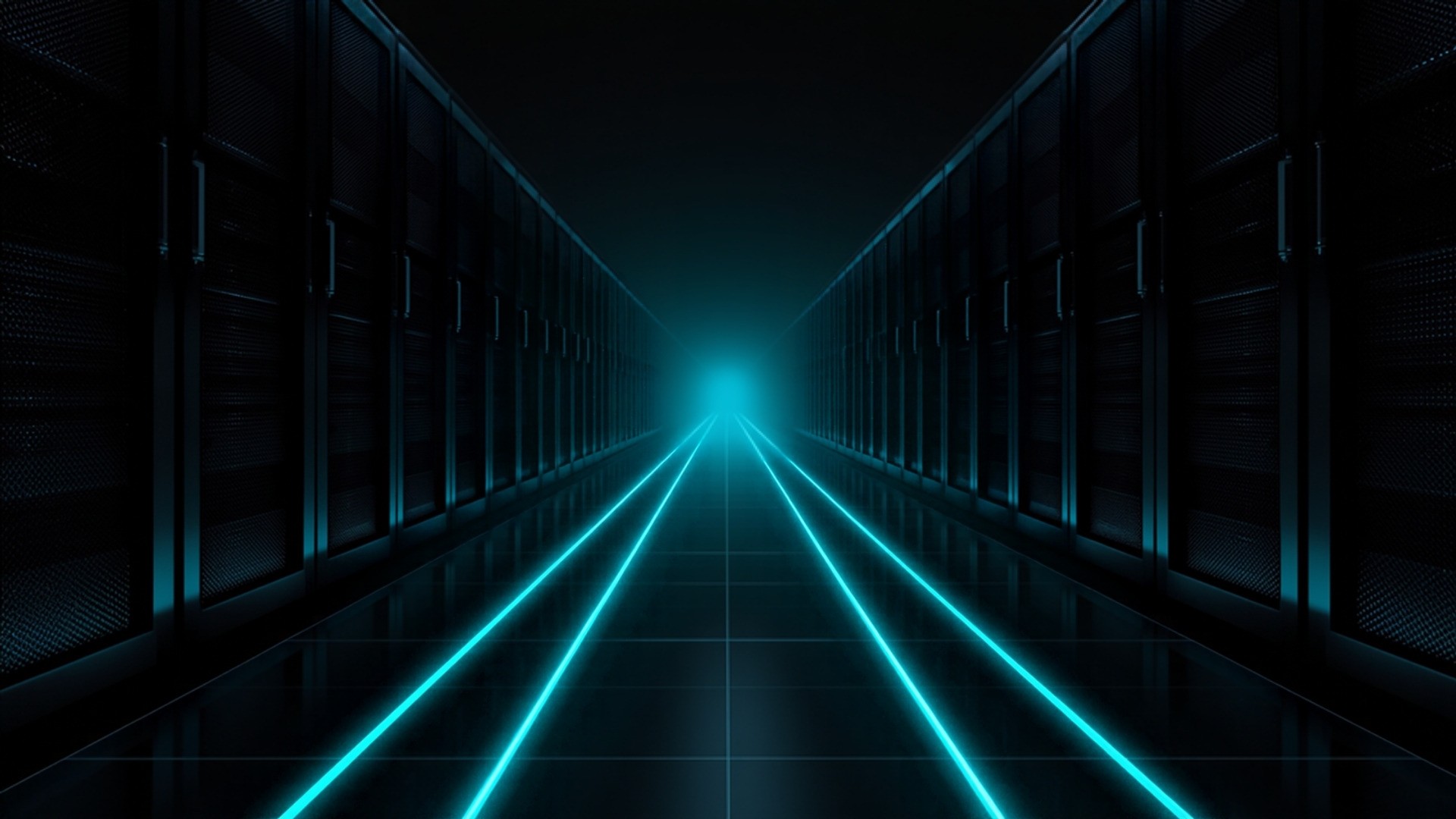 Dark data center aisle with server racks and cyan light paths converging on a bright point in the distance