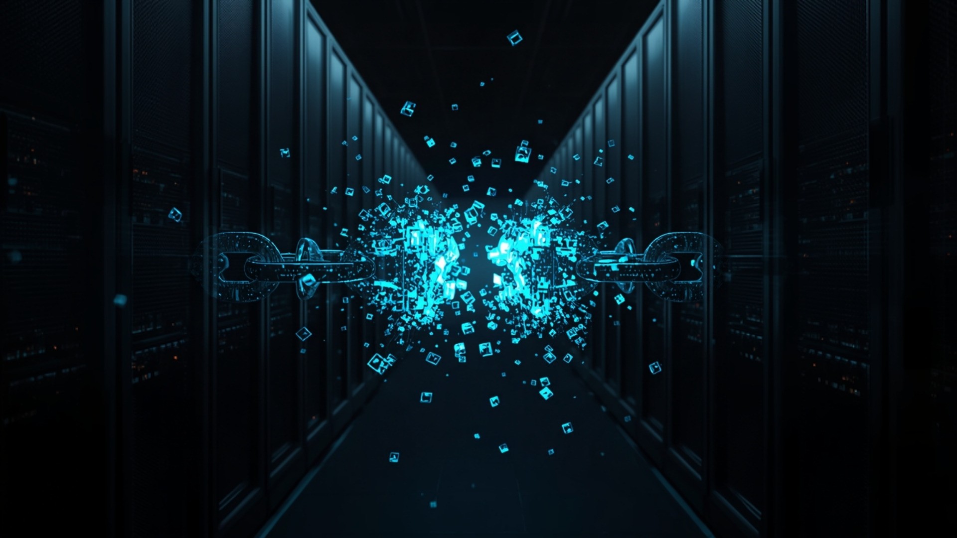 A chain of glowing data blocks dissolving into many separate objects across a dark server hall