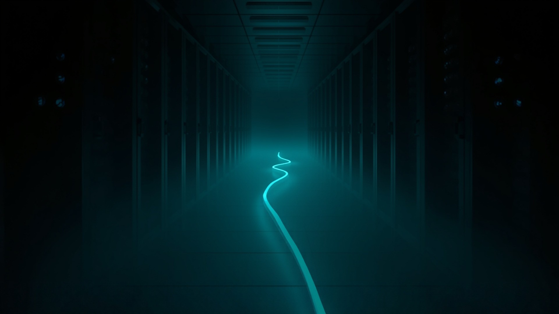 Dark data center with a single glowing cyan data path running directly from servers into a distant rack